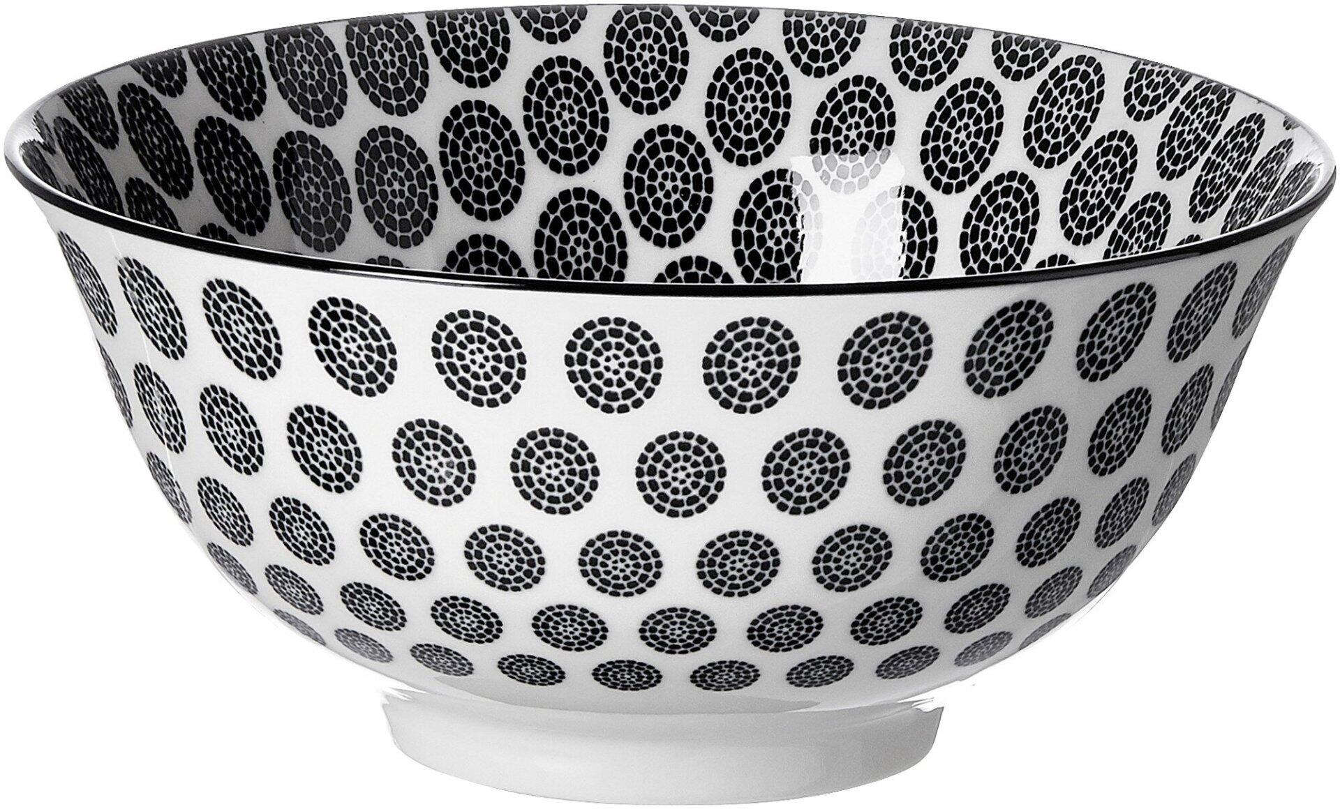 Müsli Takeo Circles Schale, konische Form mit schwarzem Rand und weißem Fuß, gefüllt mit einem Muster aus schwarzen Punkten auf weißem Grund.