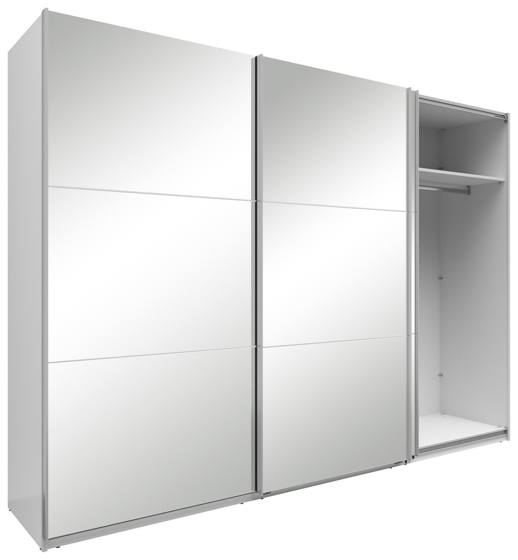 Schiebetürenschrank Neo mit geöffneter Tür, die Einlegeböden und eine Kleiderstange im Inneren zeigt.