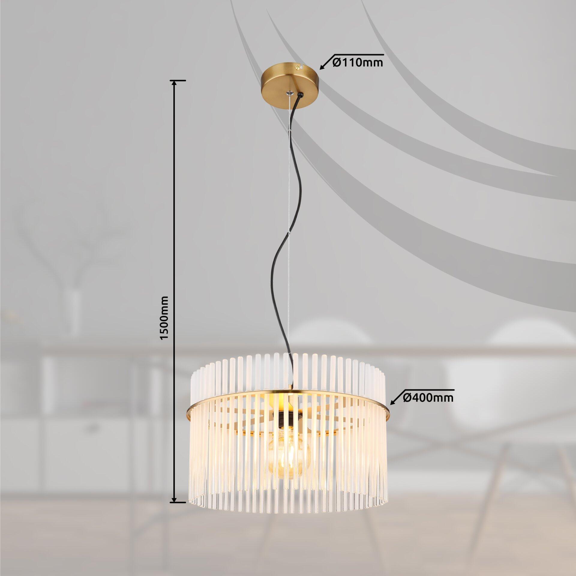 Hängeleuchte GORLEY mit weißem, gestreiftem Lampenschirm und goldenen Akzenten, die von der Decke abgehängt ist und warmes Licht ausstrahlt.