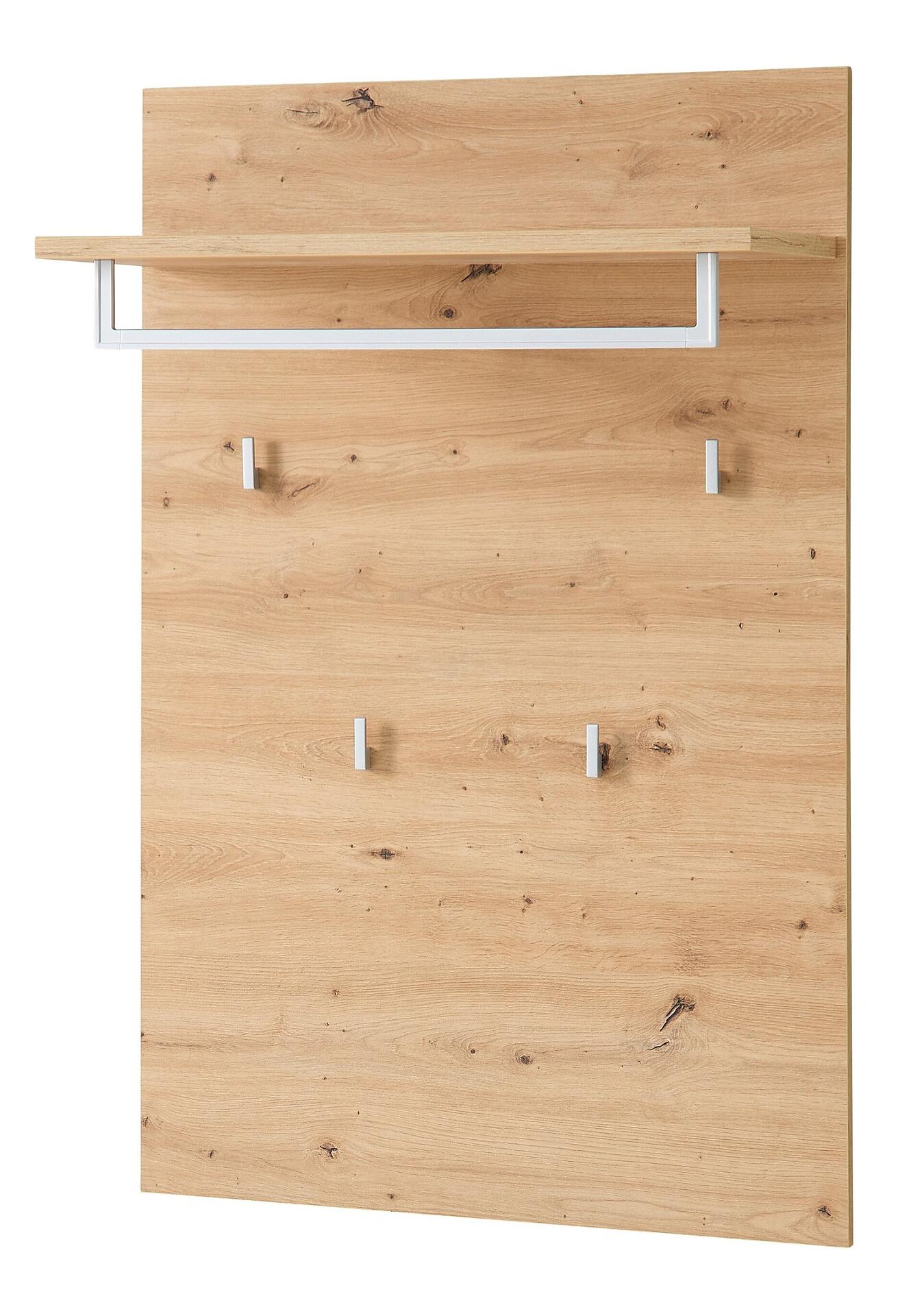 Garderobenpaneel Bari mit breitem Regalbrett, Hakenbalken mit drei Haken und natürlicher Holzmaserung.