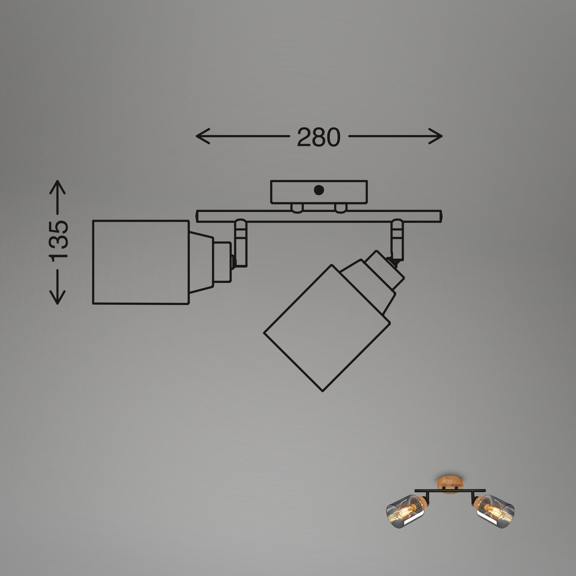 Hema Spot Deckenleuchte im Schnitt mit zwei schwenkbaren Spotlight-Armaturen und Holzabdeckungen, die Konstruktion und die Abmessungen von 28cm Länge und 13,5cm Höhe verdeutlichen.