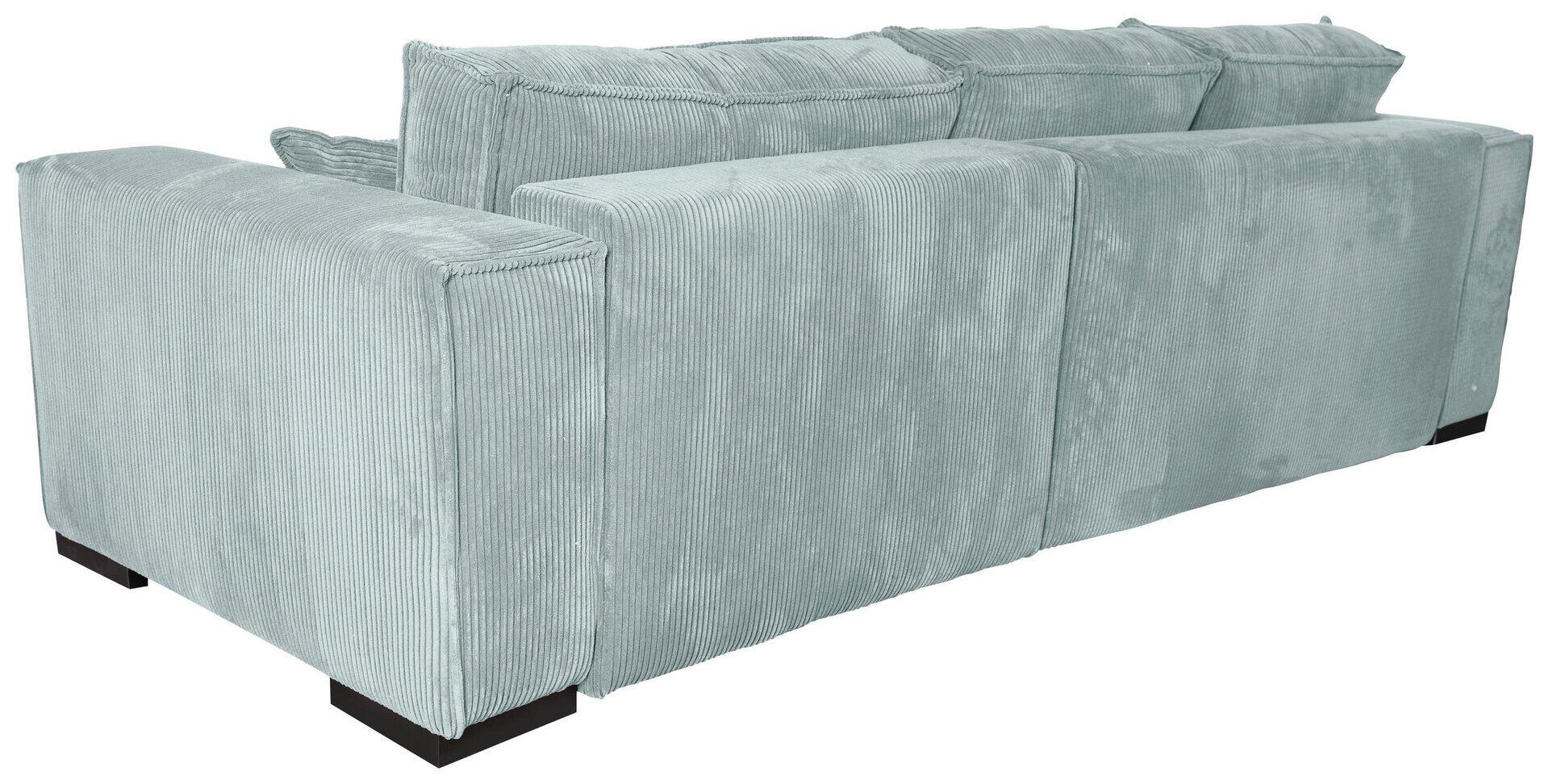 Ecksofa Mango aus hellem Veloursstoff mit Holzfüßen, leicht von unten aufgenommen, zeigt die modulare Bauweise durch separate, rechteckige Kissen.