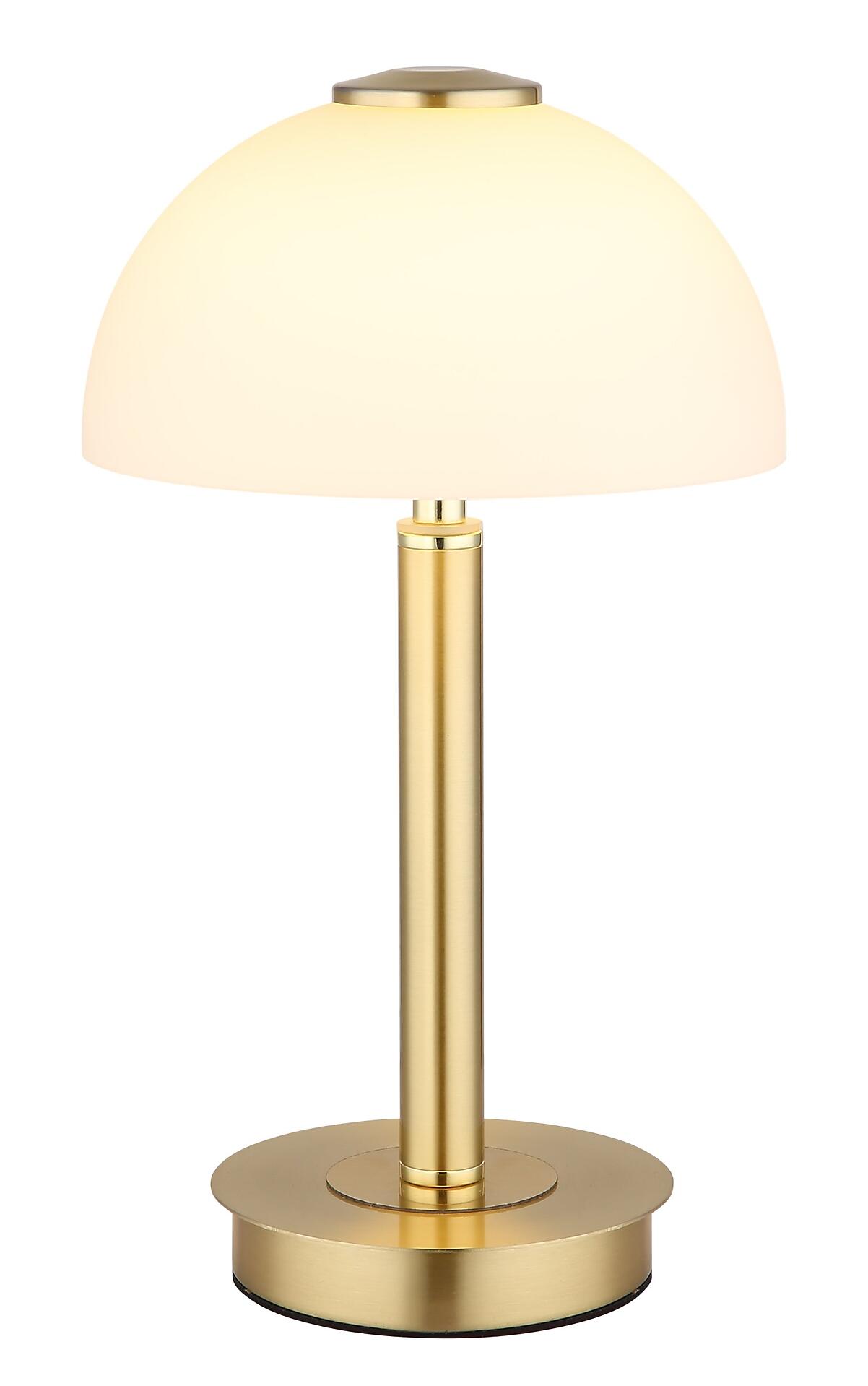 Tischleuchte ULDIN mit runder, weißer Schirm und goldenem Metallstiel, die in Frontalperspektive ihre elegante, moderne Form und hochwertige Verarbeitung zeigt.