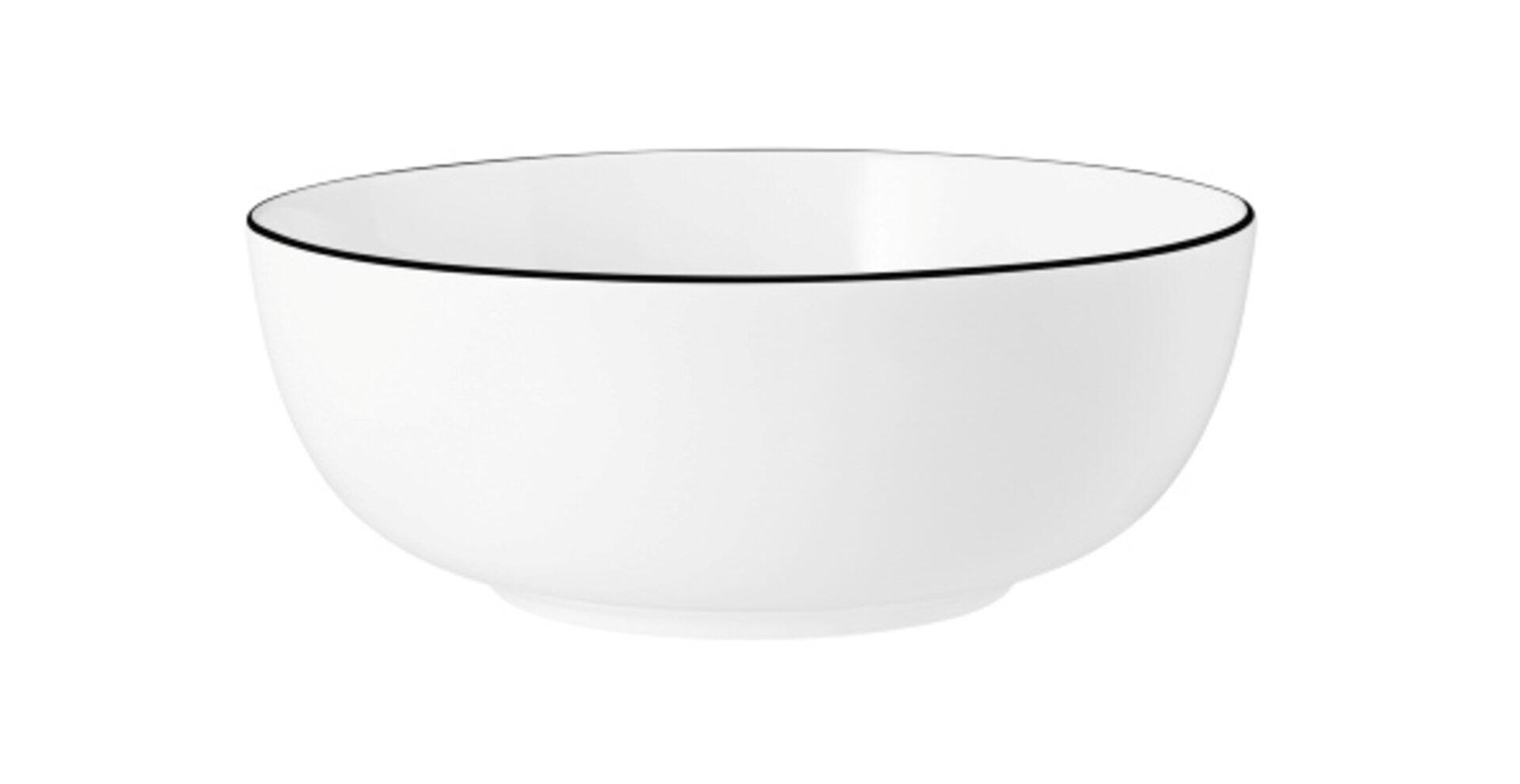 Weiße Foodbowl "Modern Life" mit schwarzem Farbrand und Fuß, in perspektivischer Ansicht.