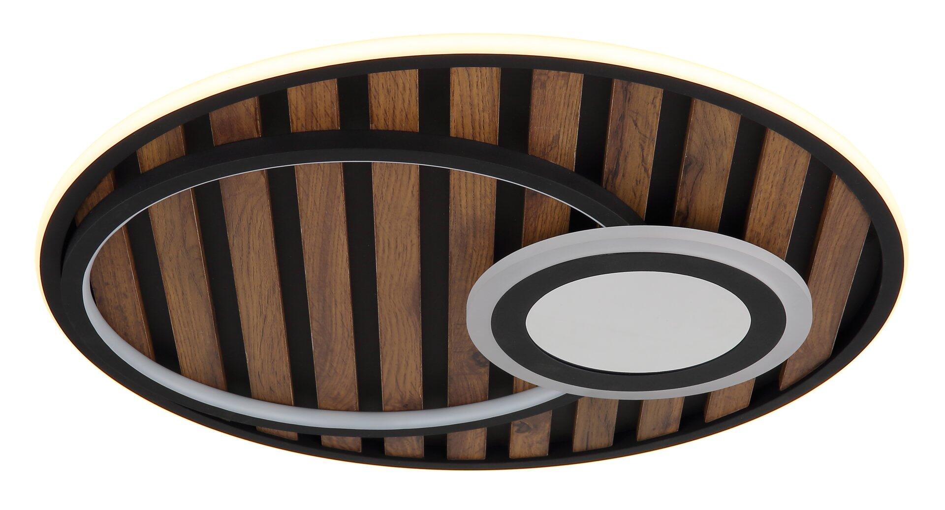 Deckenleuchte WOODY mit schwarzem Rahmen, Holzfurnier-Streifen und zentralem, reflektierendem Bereich, dargestellt in Frontalperspektive.
