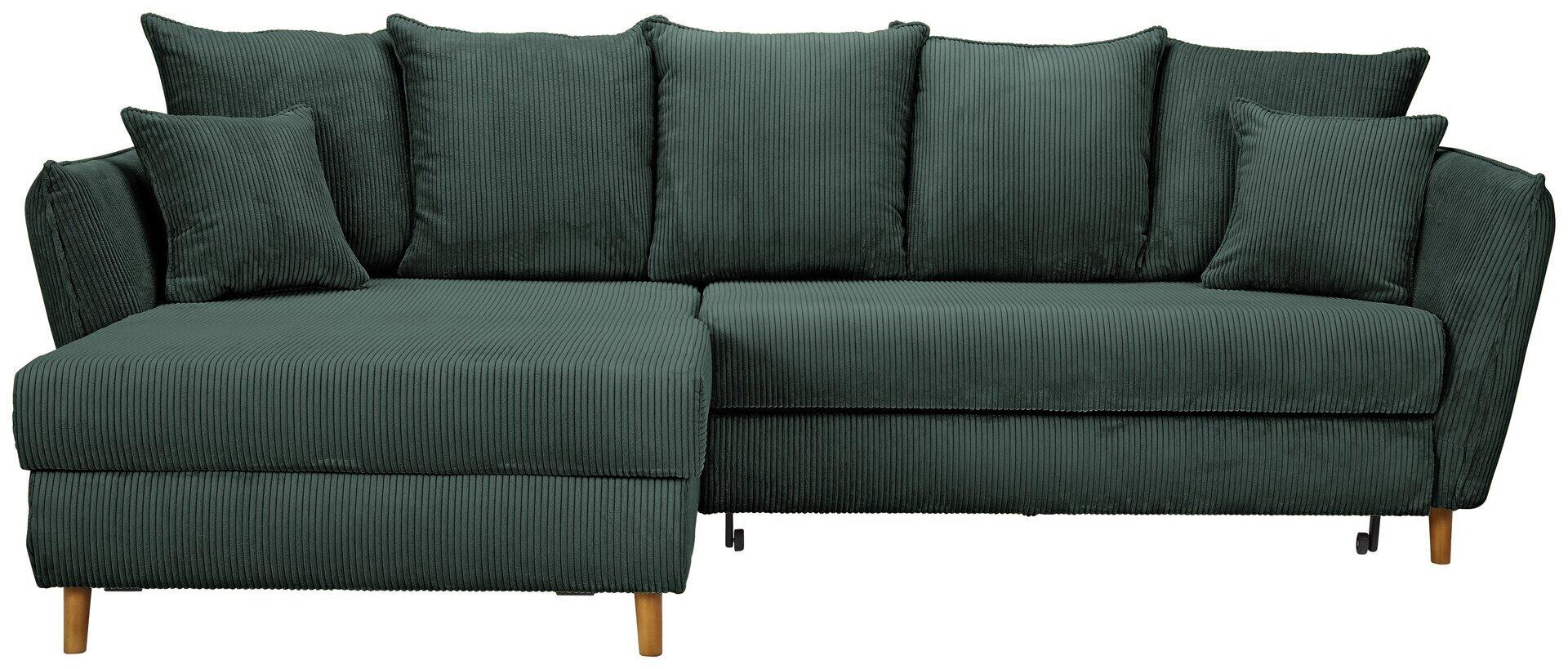 Dunkelgrüne Ecksofa Santana mit Cordbezug, segmentierten Kissen, abgerundeten Armlehnen, Eichenholzfüßen und Anlehnbereich mit Metallbeschlagscharnierung.