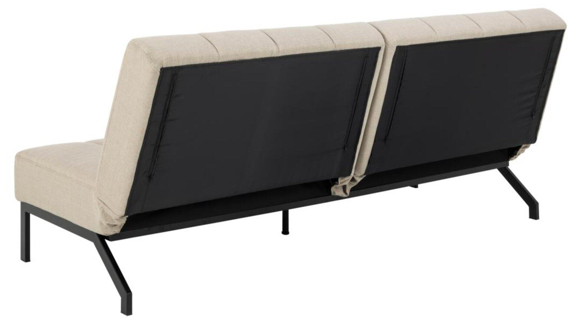 Schlafcouch Caix mit beige Stoffbezug, schwarzem Metallgestell und verstellbarer, in zwei Abschnitte geteilter Rückenlehne für individuelle Liegepositionen.