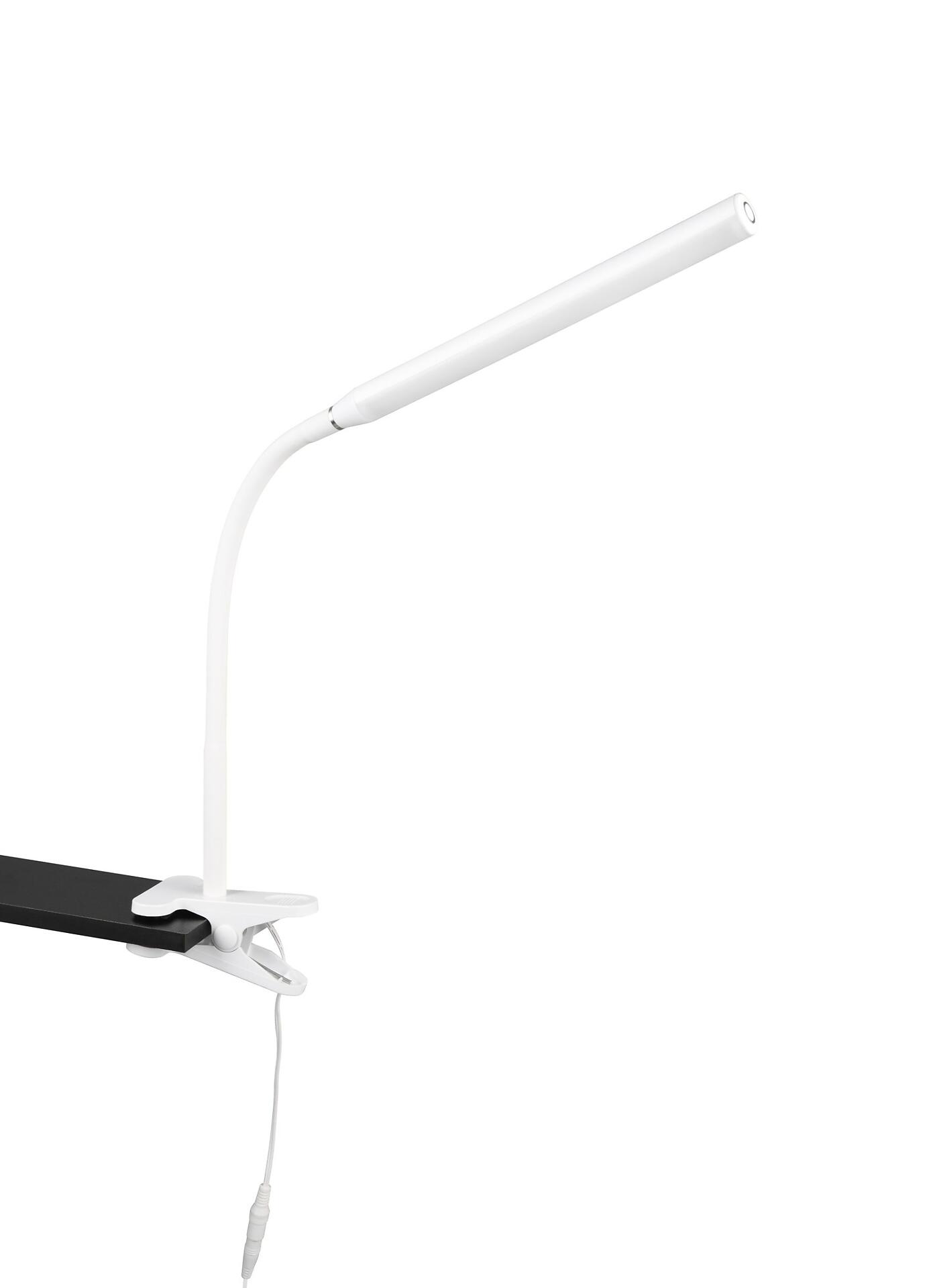 Klemmleuchte Nevada mit flexiblen Arm und Clip zur Befestigung an Tischen, zeigt seitlich die einstellbare Lichtrichtung und die Touch-Funktion.