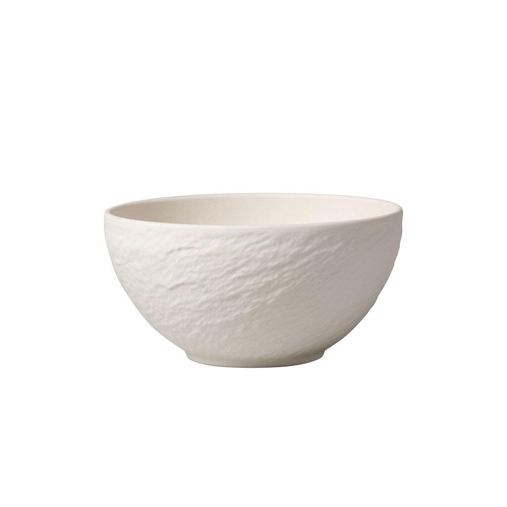 Weiße Schale Manufacture Rock von Villeroy & Boch mit rundem Design und strukturierter Oberfläche, aus der Vogelperspektive detailliert dargestellt.