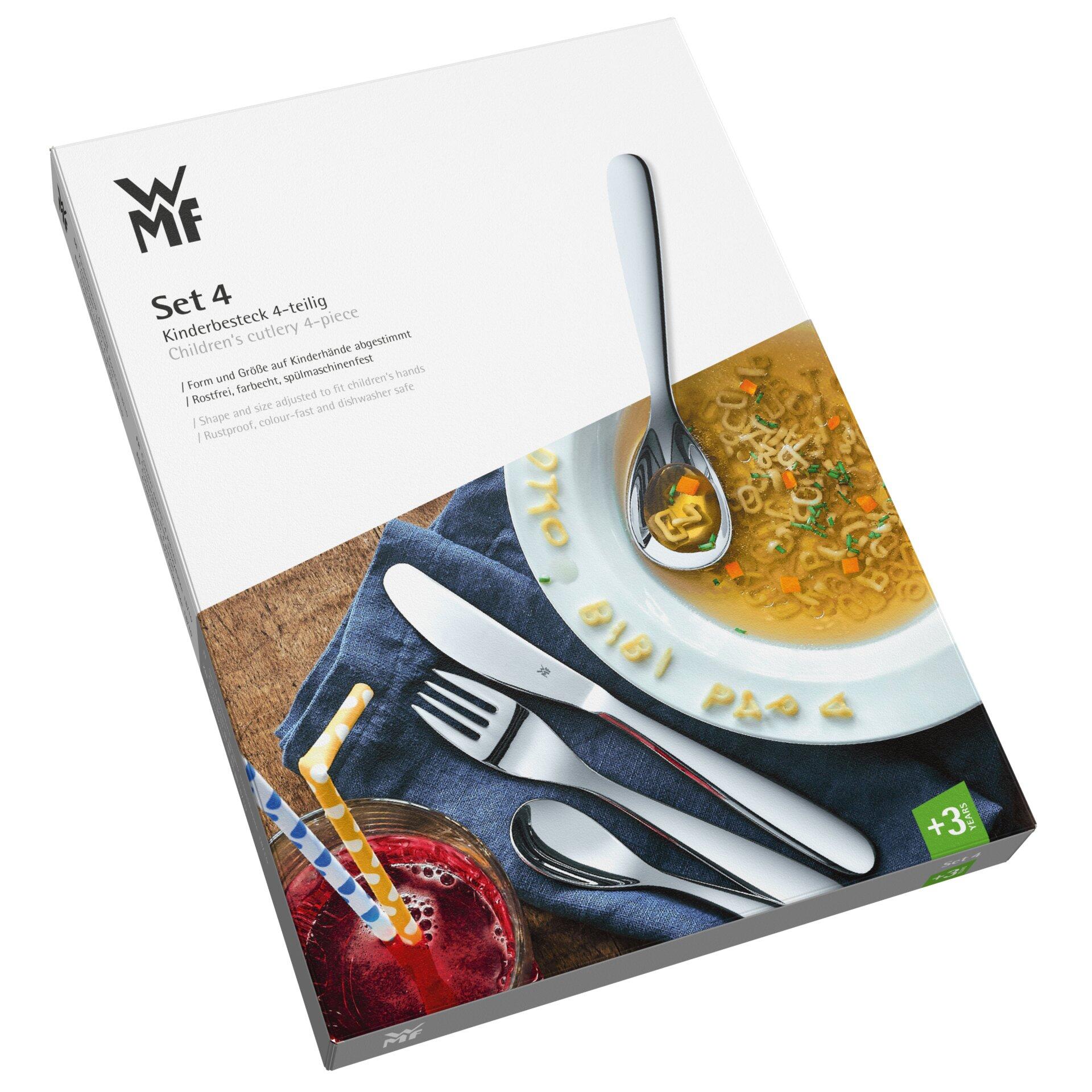 WMF Kinderbesteck-Set "Farm" mit Gabel, Löffel, Messer und kleinerem Löffel, kindgerecht geformt und auf einem Teller mit Kartoffelspalten präsentiert.