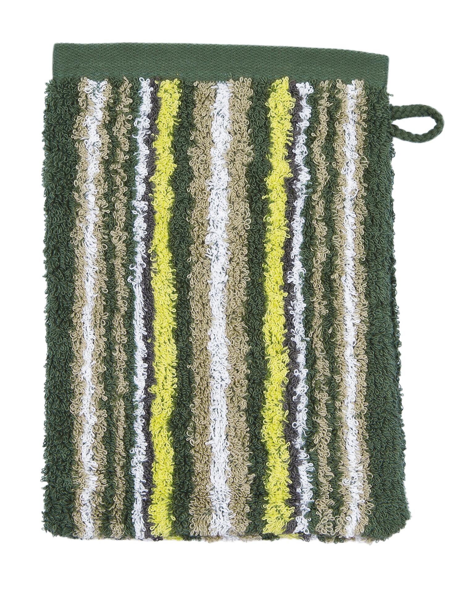Waschlappen Sinfonie mit grünem Rand und strukturierter Oberfläche aus Baumwolle, inklusive Aufhän Schlaufe, aus Vogelperspektive.