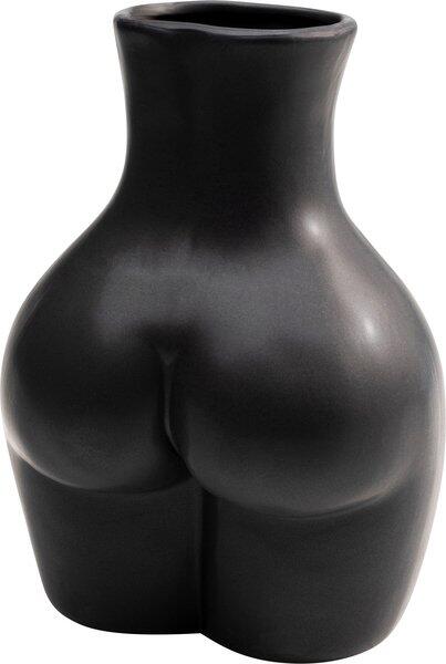 Schwarze, skulpturale Donna Vase aus Steingut, die im unteren Bereich die Form einer weiblichen Figur mit fließenden Rundungen imitiert.