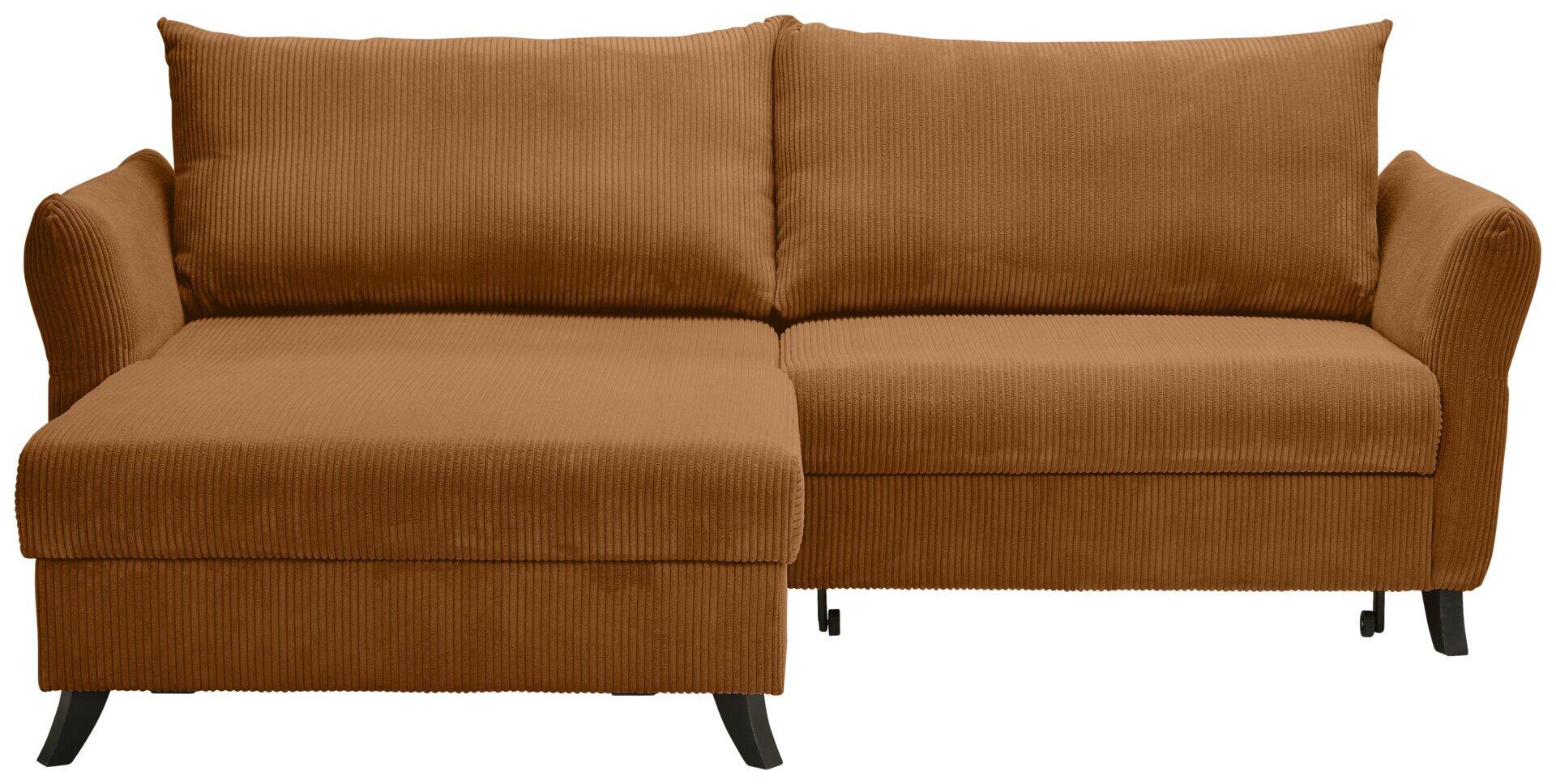 Ecksofa Ruben mit braun-orangefarbenem Samtbezug und ausgezogenen Fußteil für eine Liegefläche, detailreich in Frontansicht mit Fokus auf die Schlaffunktion und die eckigen Füße.