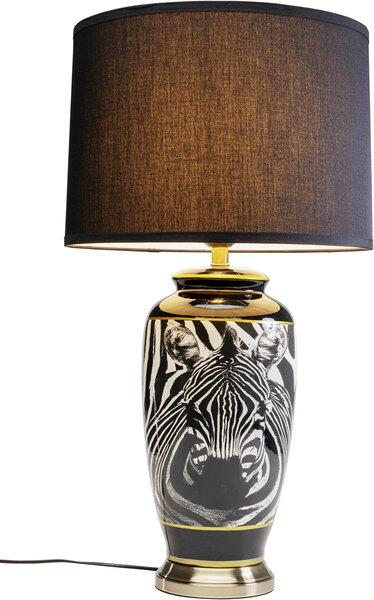 Tischleuchte Zebra Face mit glasiertem Keramikfuß im Zebra-Design und konischem, dunkelbraunen Schirm, inklusive silberfarbenem Sockel und Kippschalter am Kabel.