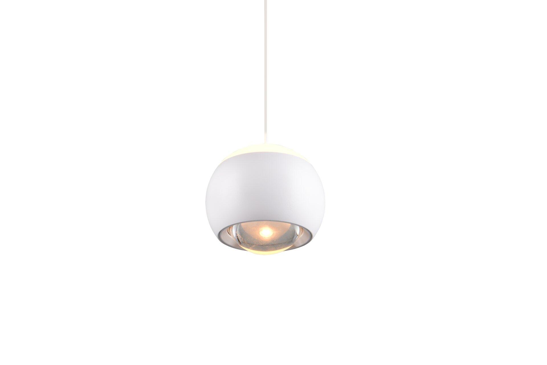 Pendelleuchte Cannon mit rundem, weißem Schirm und reflektierender Innenstruktur, dargestellt in Frontalperspektive mit einstellbarer Lichtfarbe.