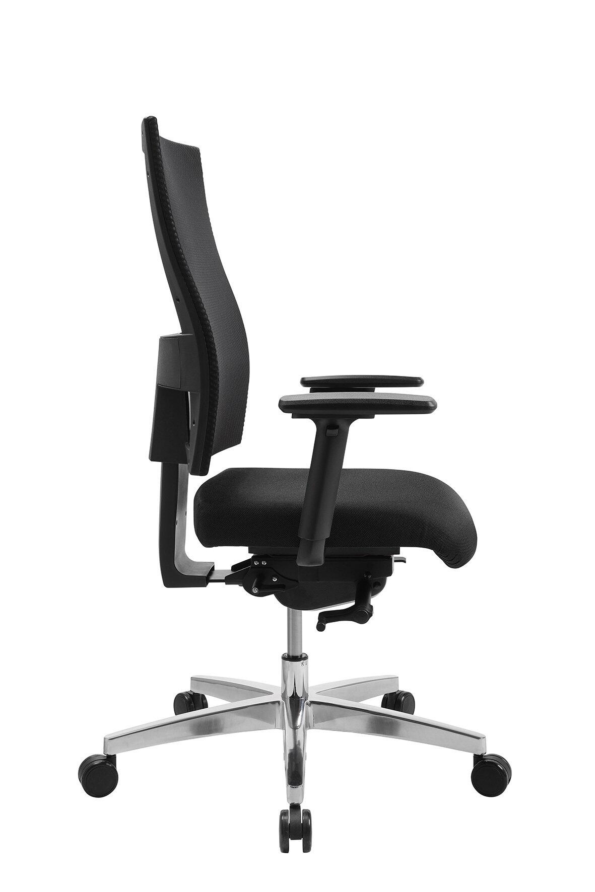 Bürostuhl Sitness Profi 200 in Seitenansicht mit verstellbarer Höhe, Tiefe und Neigung des Sitzes, höhenverstellbarer Armlehne und gebogener Rückenlehne zur Unterstützung der Wirbelsäule.