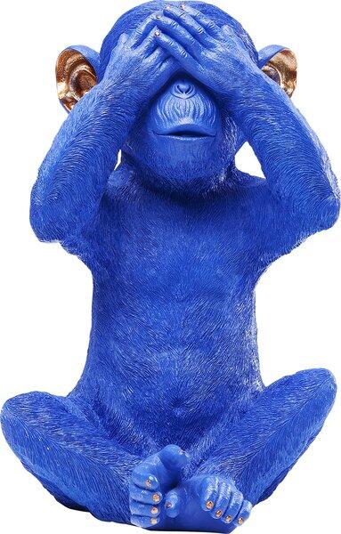 Blaue Spardose Monkey Mizaru mit goldenen Ohren, sitzend im Schneidersitz mit bedeckten Augen.