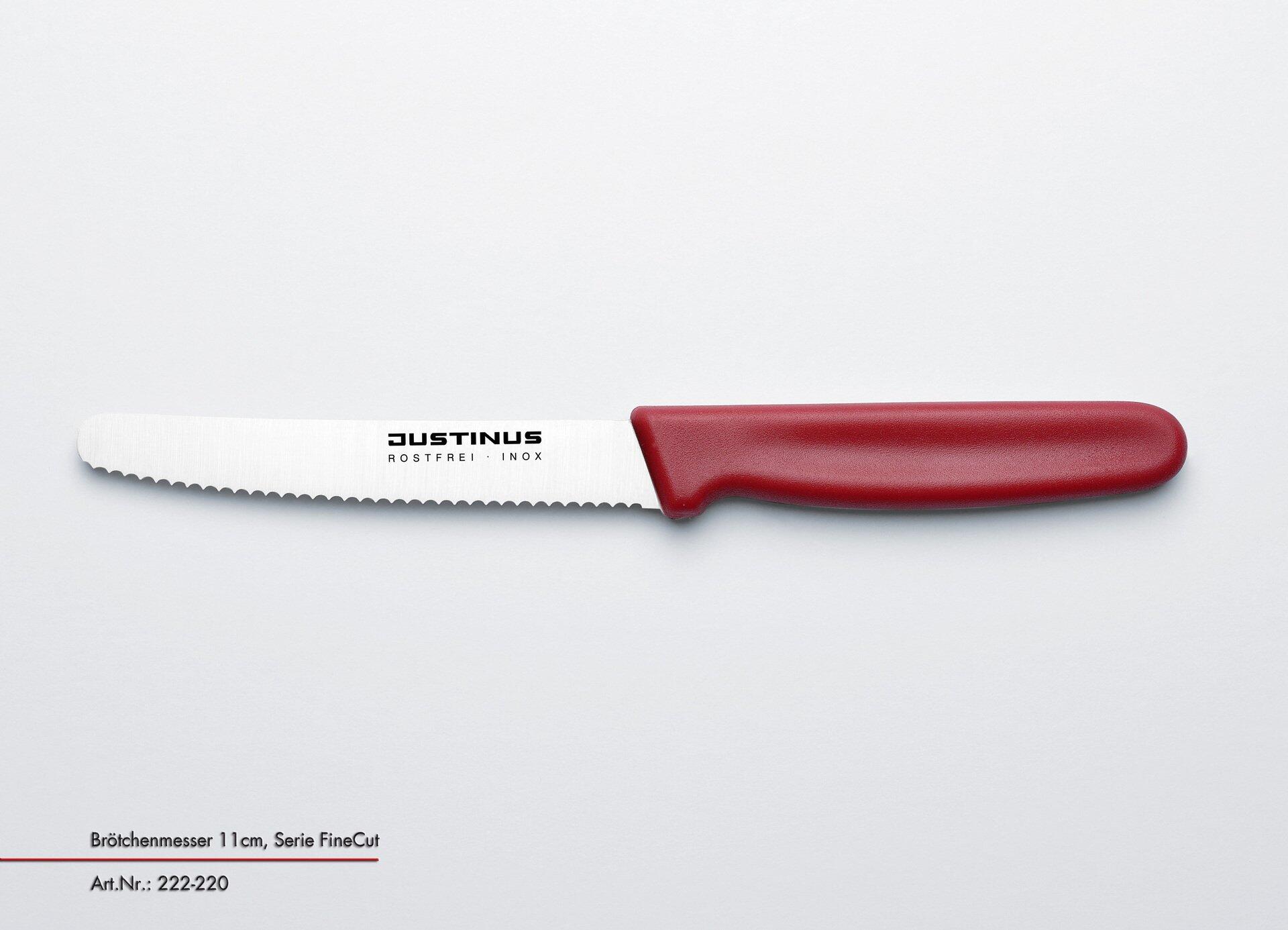 Brötchenmesser "JUSTINUS", rostfrei, mit rotem, ergonomischem Griff und gezackter Klinge für das Schneiden von Brot und Brötchen.