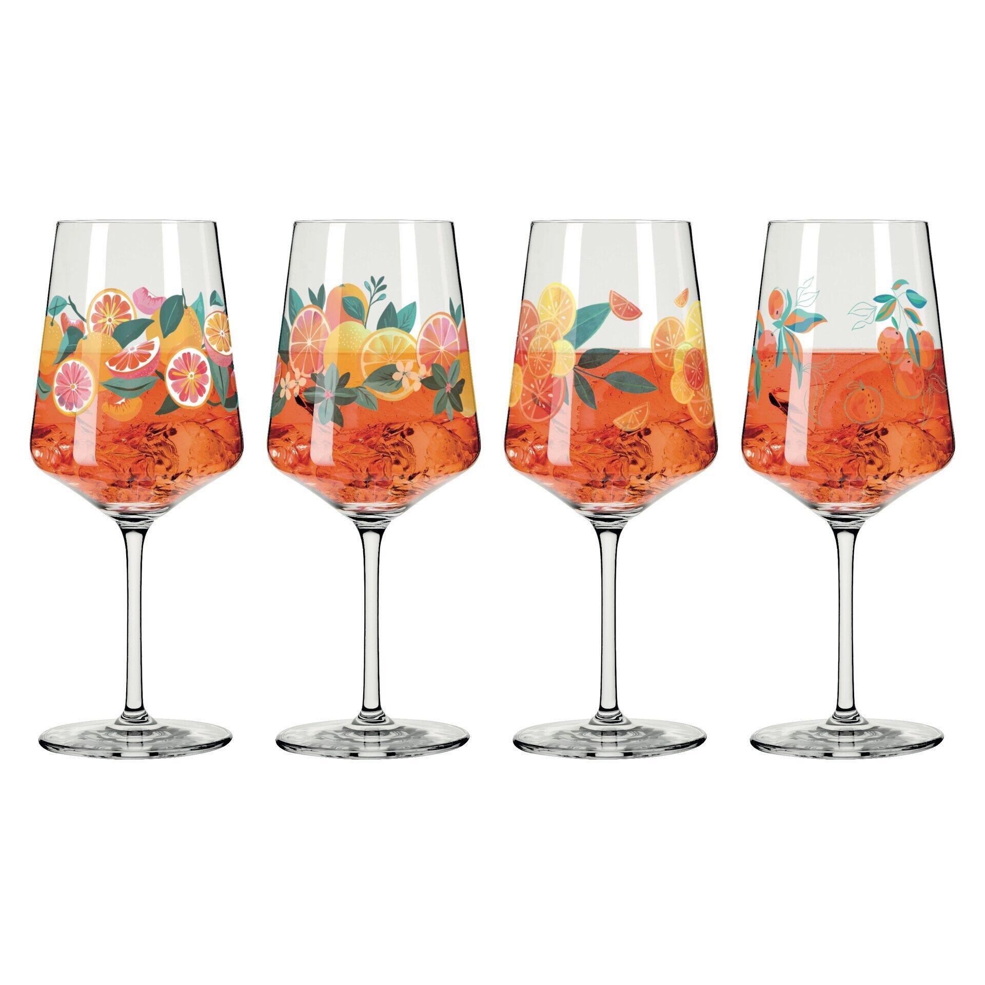Aperitifglas-Set mit vier durchsichtigen Gläsern, verziert mit einem detaillierten Aquarellmuster von Zitrusfrüchten wie Orangen und Zitronen.