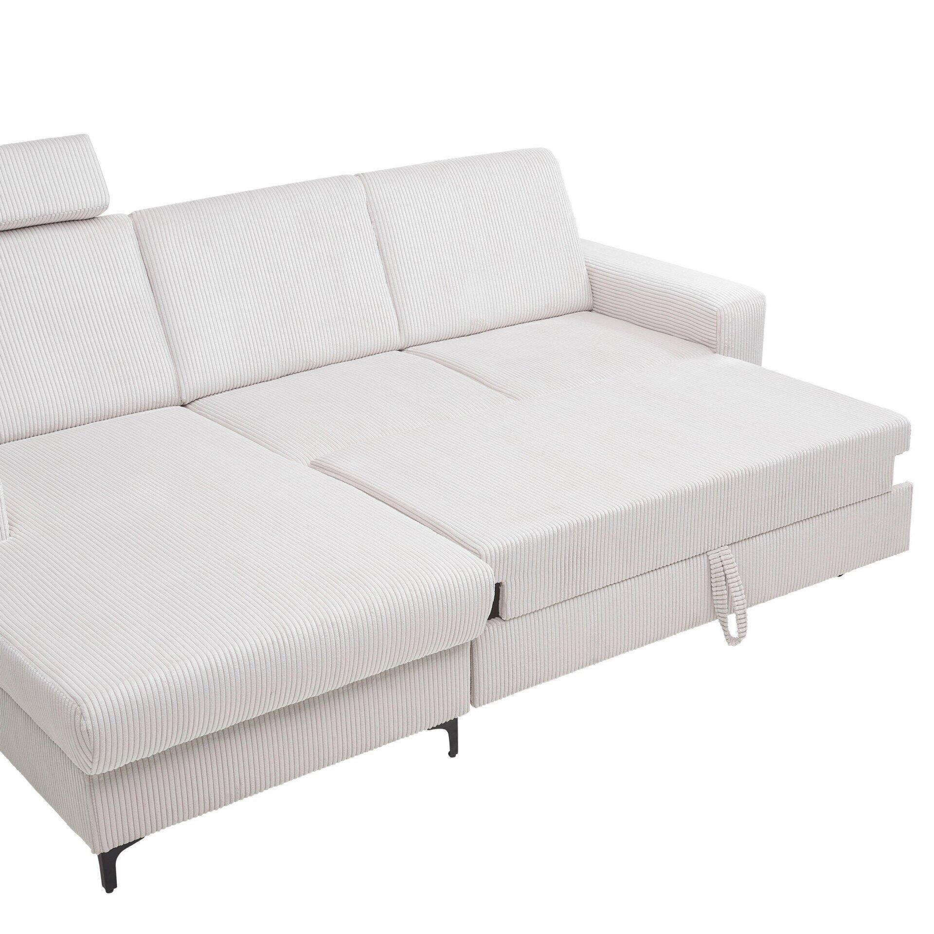 Ecksofa Balina mit ausziehbarer Liegefläche und komfortablen Rückenkissen auf schwarzen Metallfüßen.