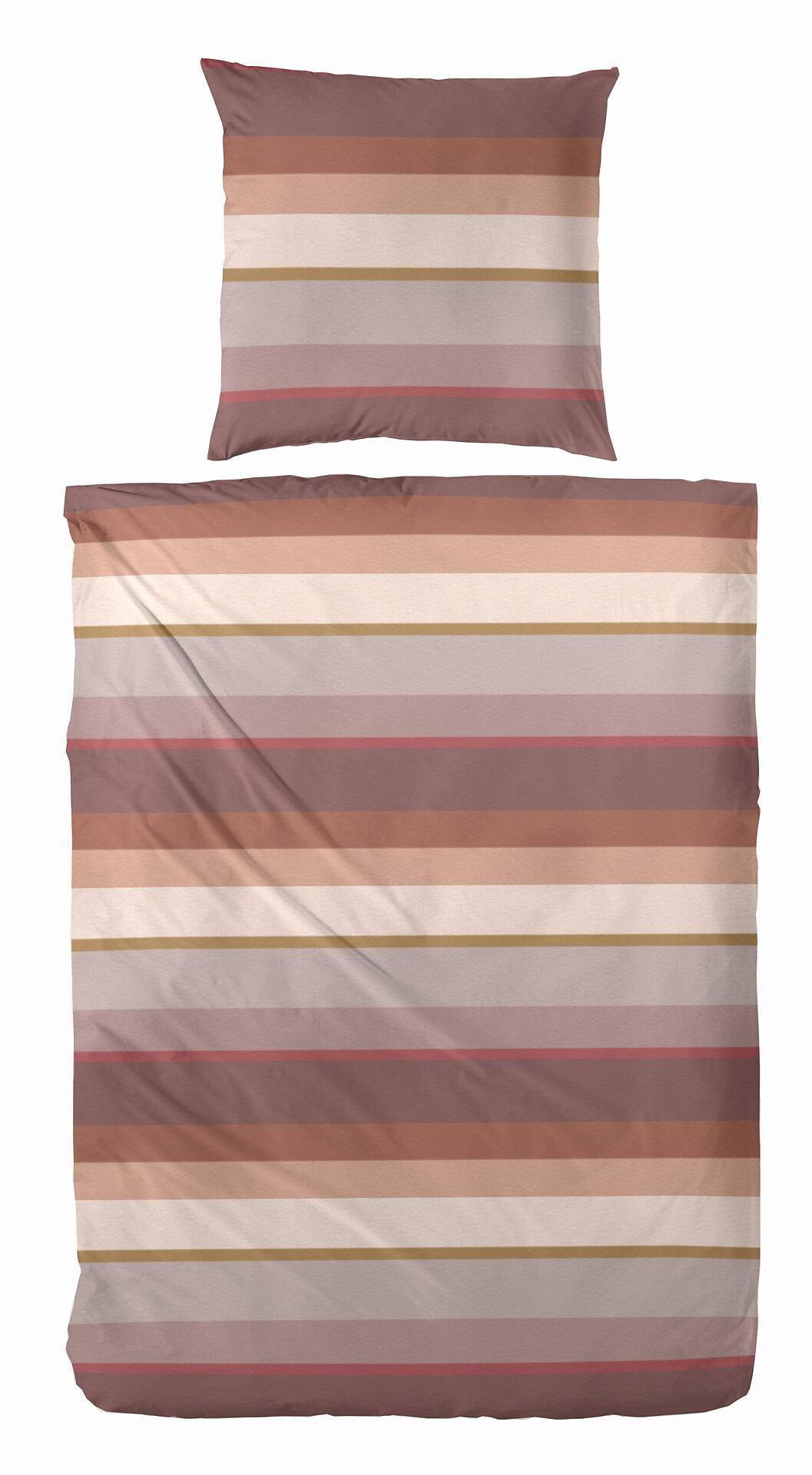 Bettwäsche-Set aus Feinbiwafe, braun-rot gestreift mit horizontalen Farbstreifen in Beige, Braun, Rosé, Grau und Gelb.