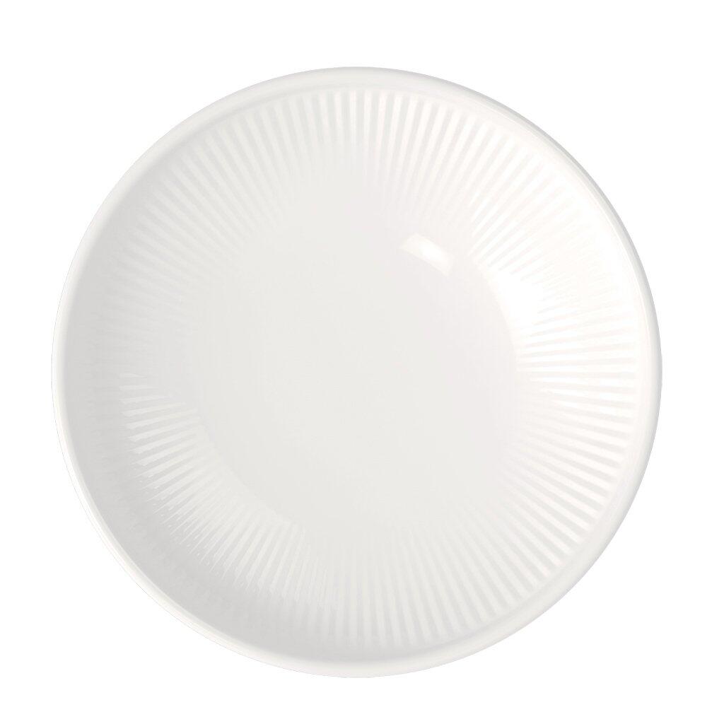 Weißes Schälchen Afina von Villeroy & Boch mit rundem Design und radialem Rillenmuster, abgebildet aus direkter Vogelperspektive.