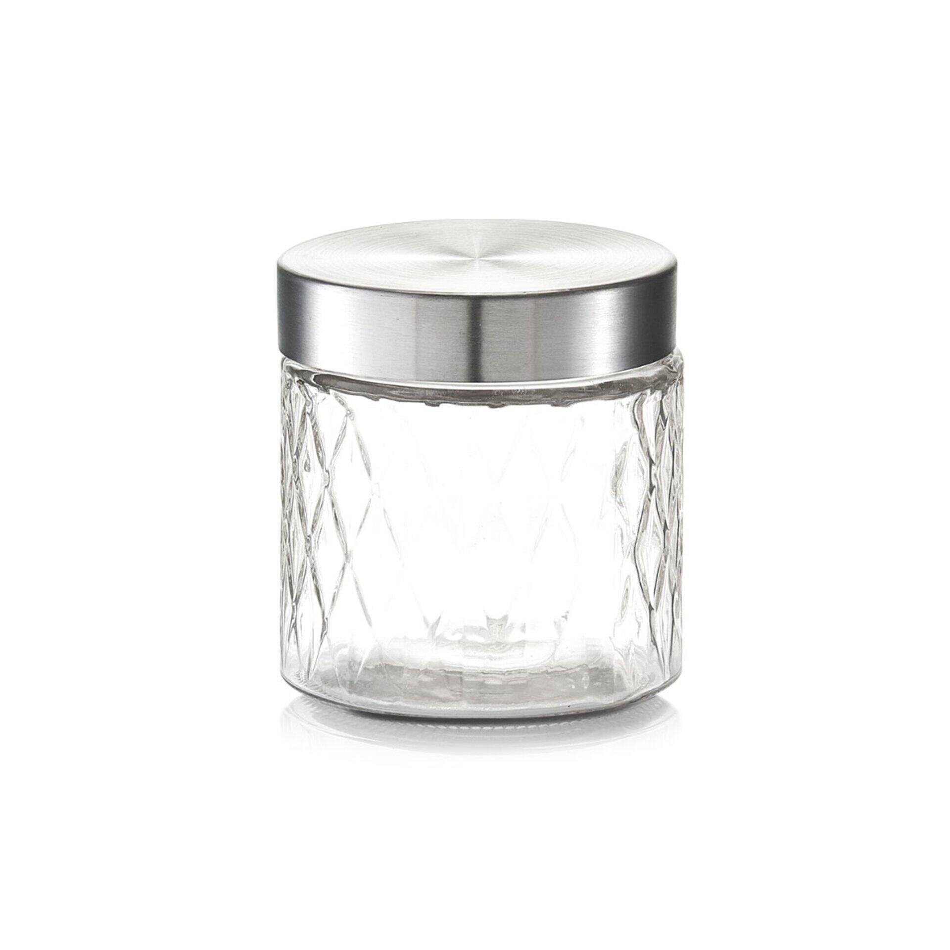Vorratsglas mit diamantförmiger Prägung und silbernem Deckel, hochrechteckige Form im Seitenansicht.
