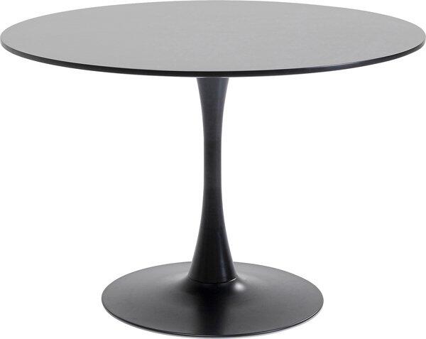 Schickeria Tisch, schwarz: Frontale Ansicht eines runden Esstisches mit schlichter, schwarzer Tischplatte und konisch zulaufendem, stabilen Tischfuß.