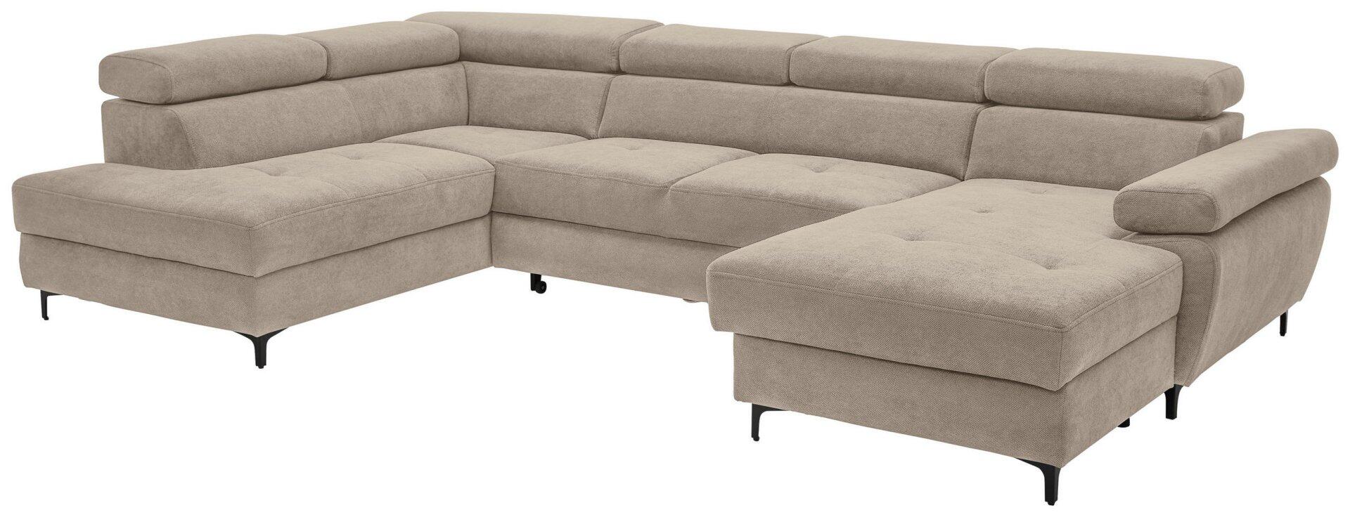 Modulares Wohnlandschaft "Combo" in hellgrau mit schräg angeordneter Rückenlehne, Winkelfüßen in Schwarz und integrierter Fußstütze im U-förmigen Design.
