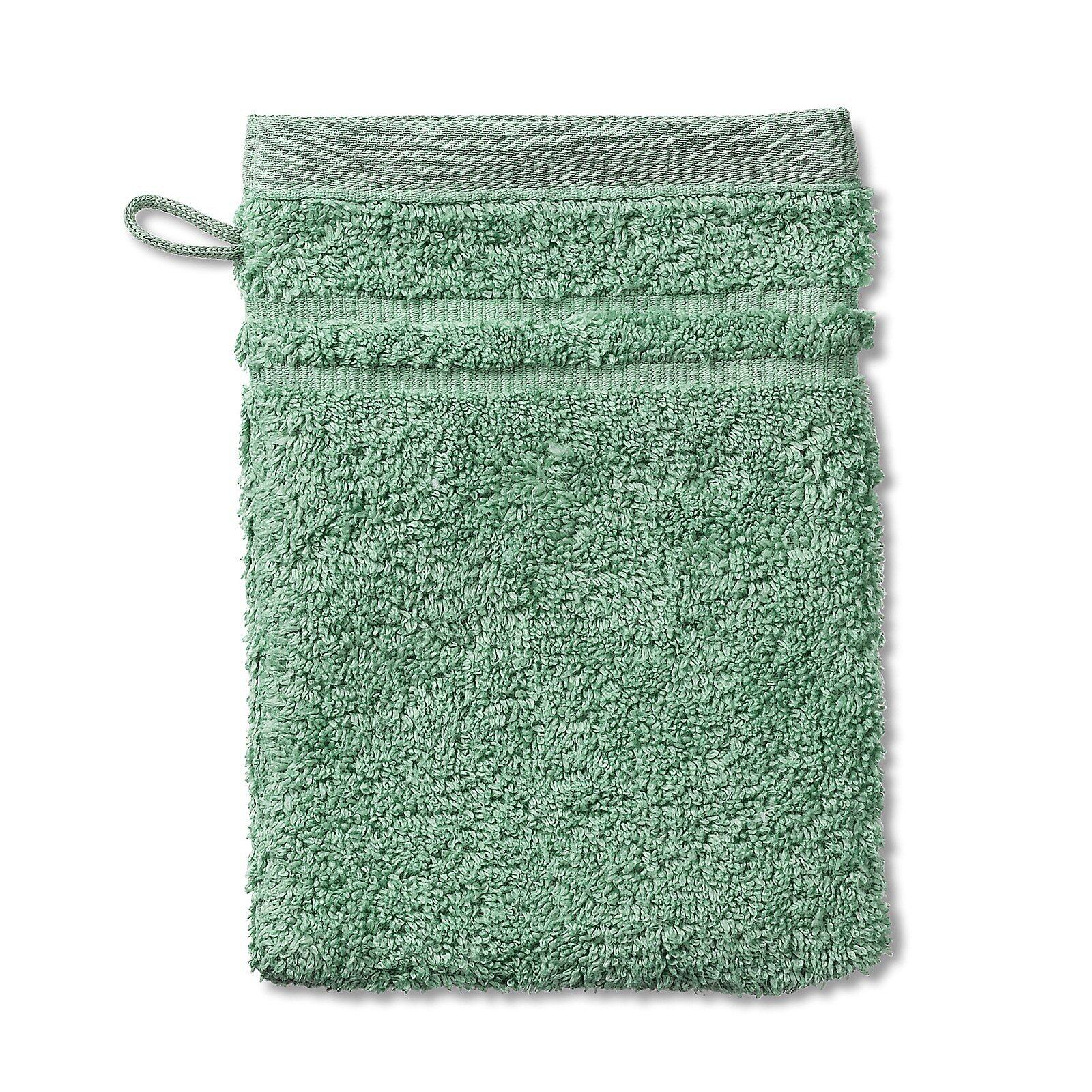 Waschhandschuh Leonora: hellgrünes Terrytuch mit dichtem Flaum, umgenähten Kanten und Aufhängeschlaufe.