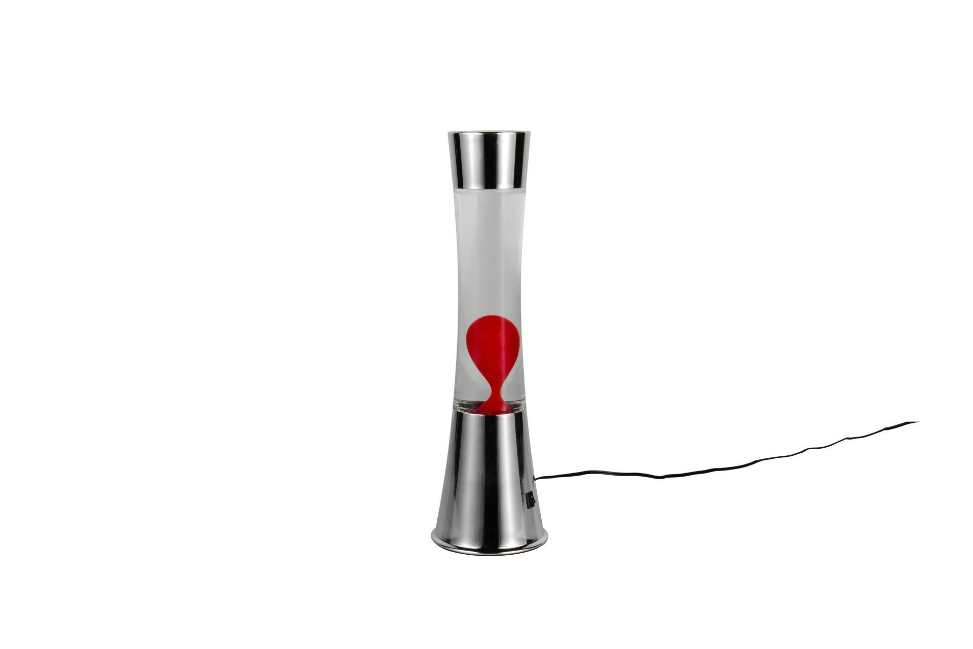 Lava-Lampe Etna mit konischer Metallbasis und roter Lavatropfen im Glaszylinder, gezeigt aus einer leicht erhöhten Perspektive.