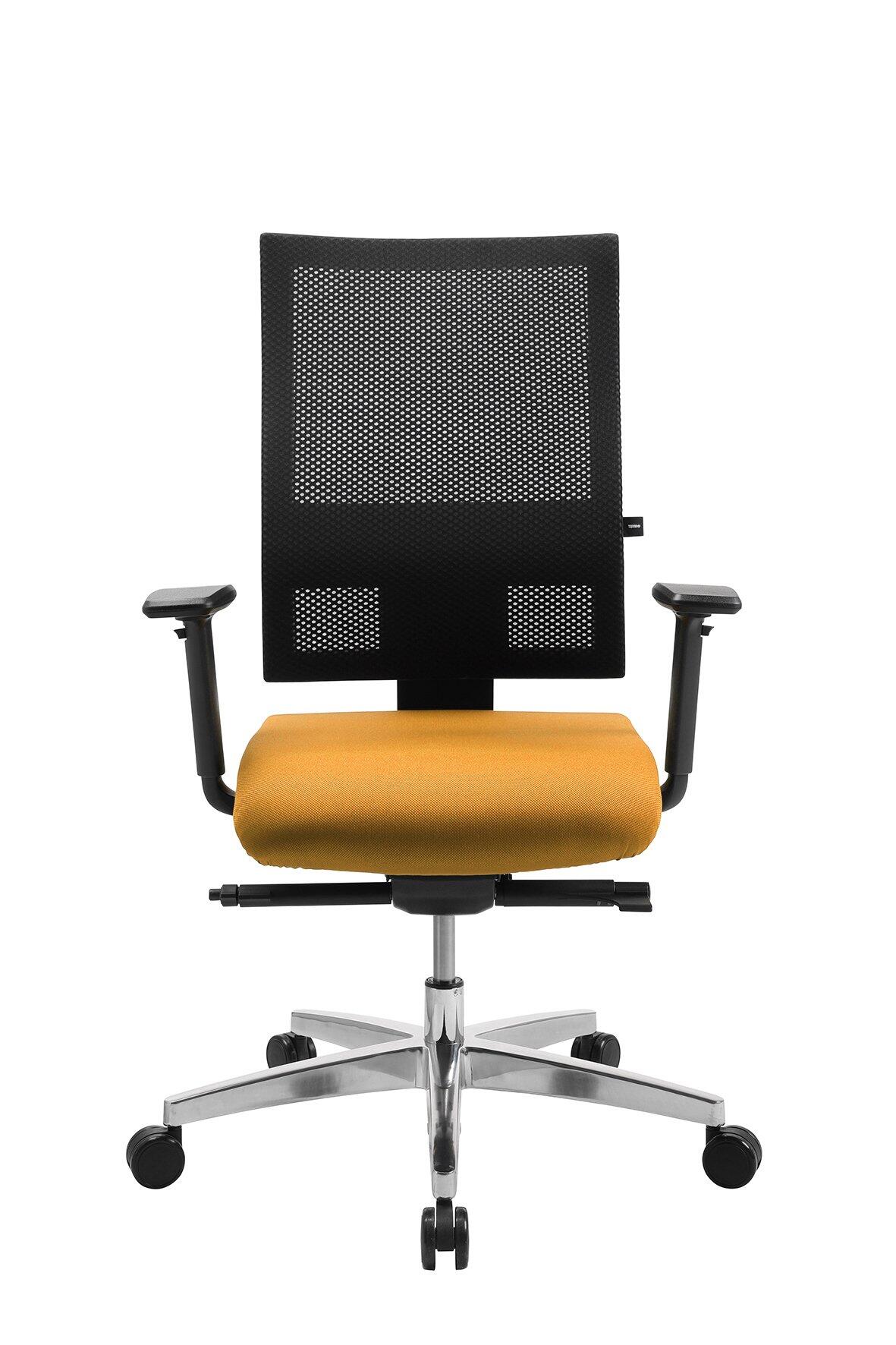 Bürostuhl Sitness Profi 200 mit verstellbarer Sitzhöhe und -tiefe, höhenverstellbarer Rückenlehne und Armlehnen, dargestellt aus Frontalperspektive mit chromfarbenem Fußkreuz und Mesh-Rücken.