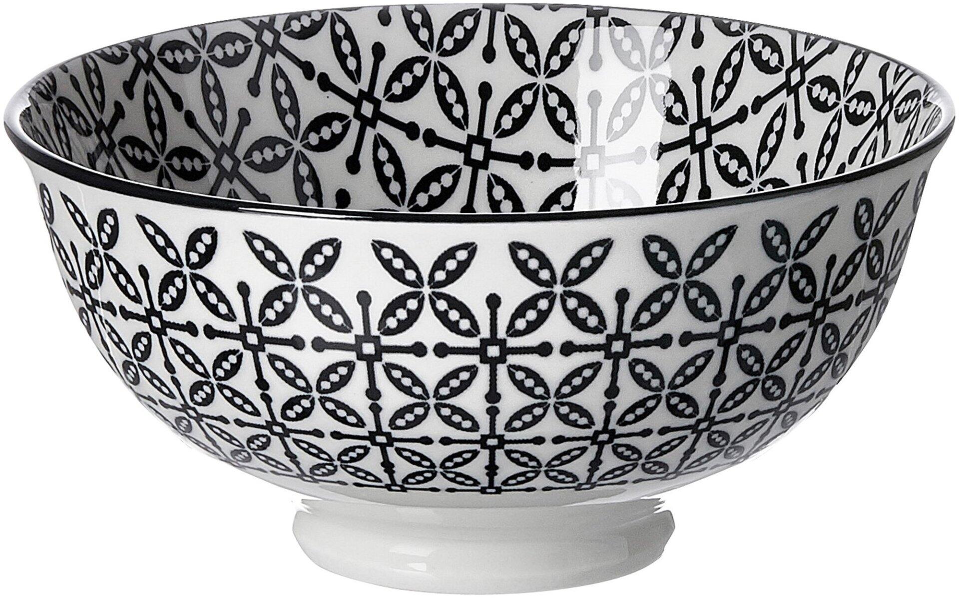 Keramische Schale Takeo Leaves in konischer Form mit geometrischem, schwarz-weißem Muster und glänzender Glasur, detailliert aus Dreiperspektive.