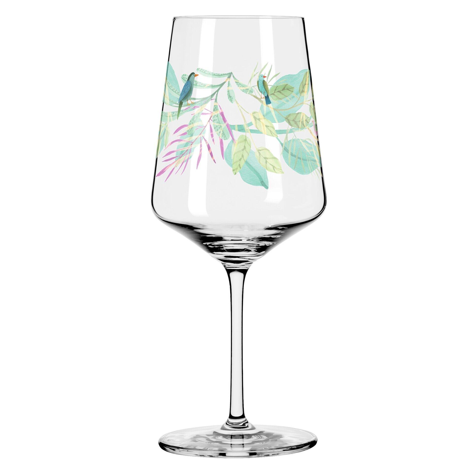 Aperitifglas mit stilisiertem Dekor aus Blättern, Ästen und Vögeln, dargestellt aus leicht erhöhter Perspektive.
