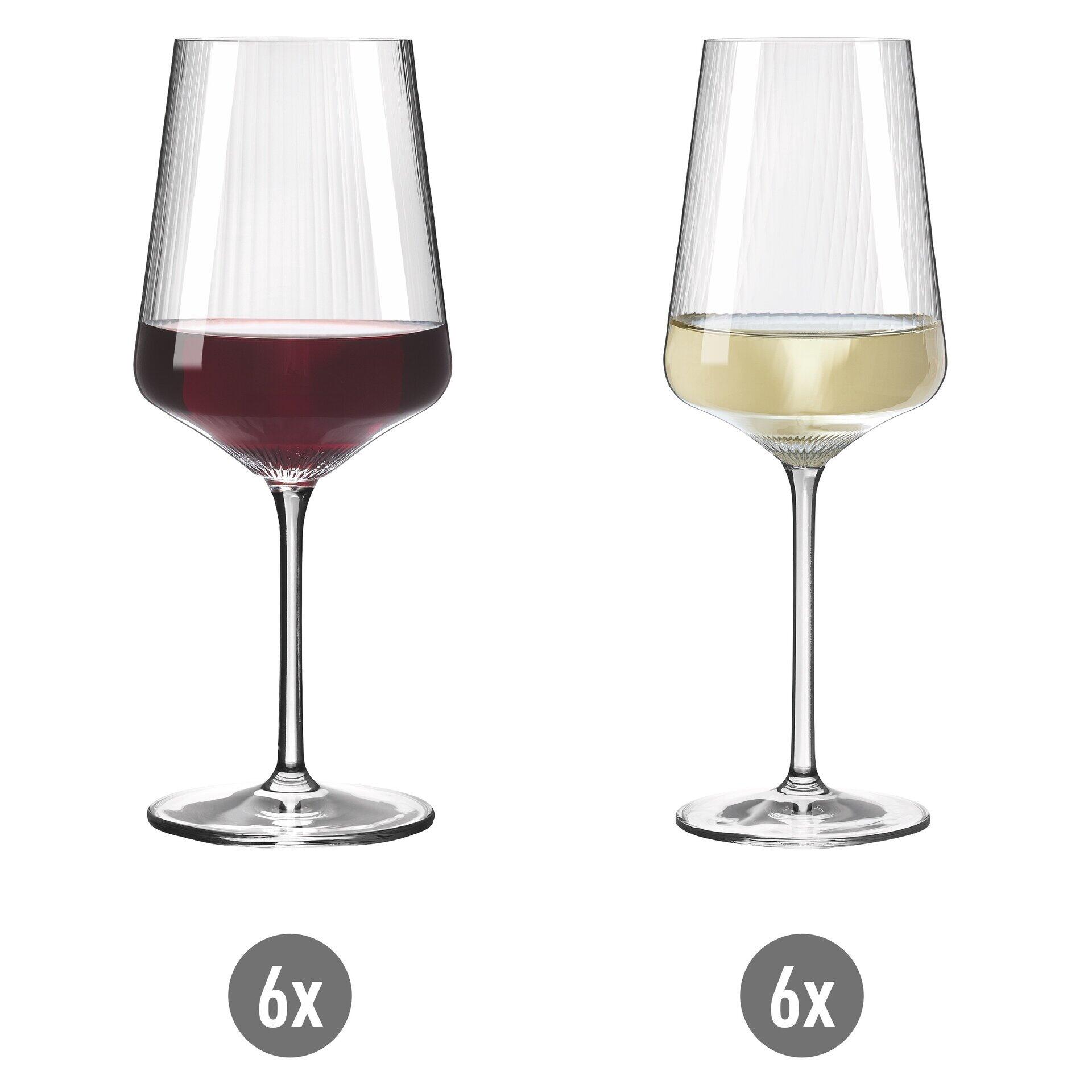 Weinglas-Set: Zwei Weinflaschen mit schlanker, konischer Form und vertikalen Rillen, eine gefüllt mit Rotwein, die andere mit Weißwein, dargestellt in einem modernen Design.