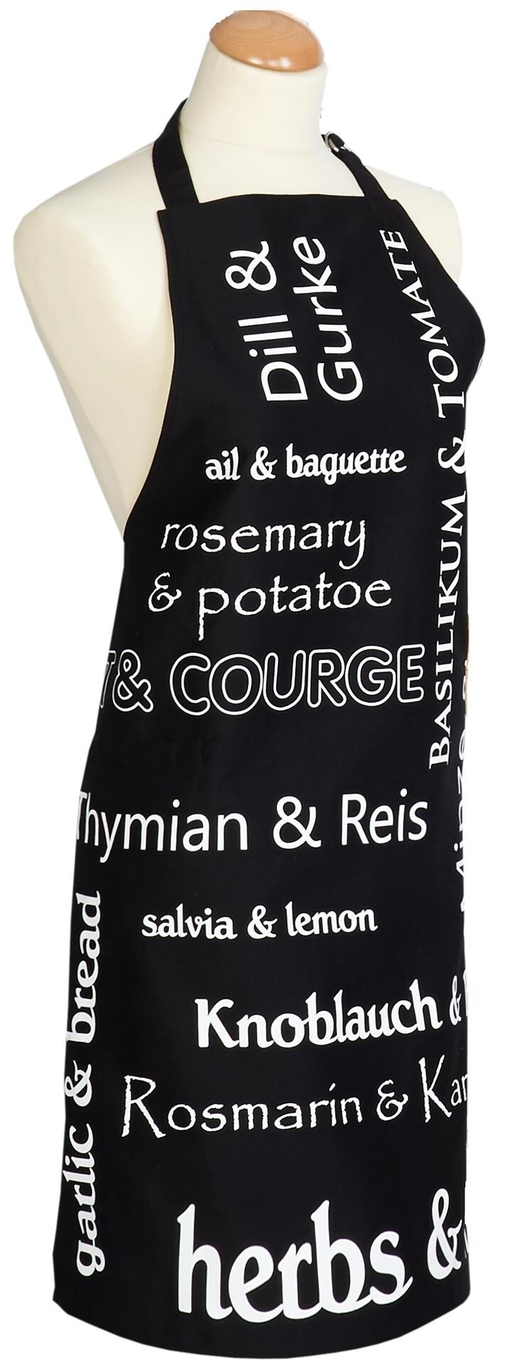 Schürze Herbs & More: Schwarze Baumwollschürze mit Kräuter- und Gemüseaufdruck im dekorativen Design.