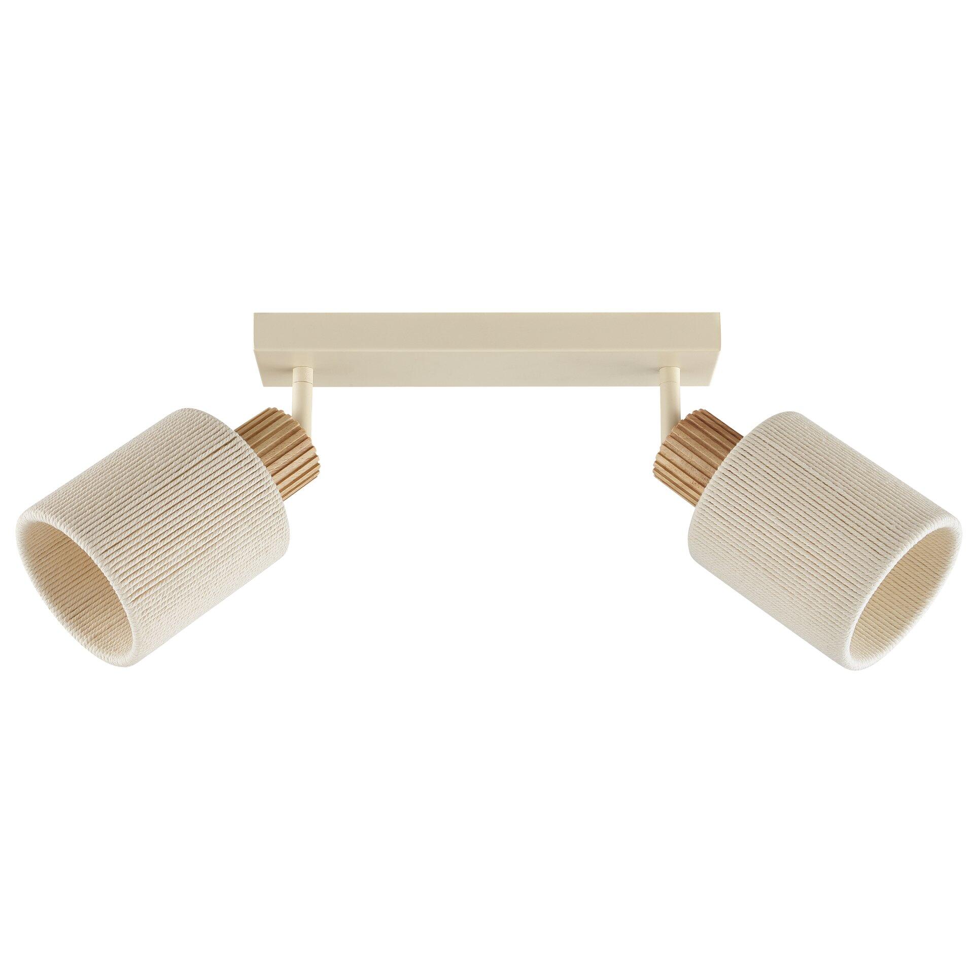 Deckenleuchte Arlo mit zwei schwenkbaren Lampenkörpern und rechteckigem Korpus in Beige, aus der Frontansicht sichtbar.