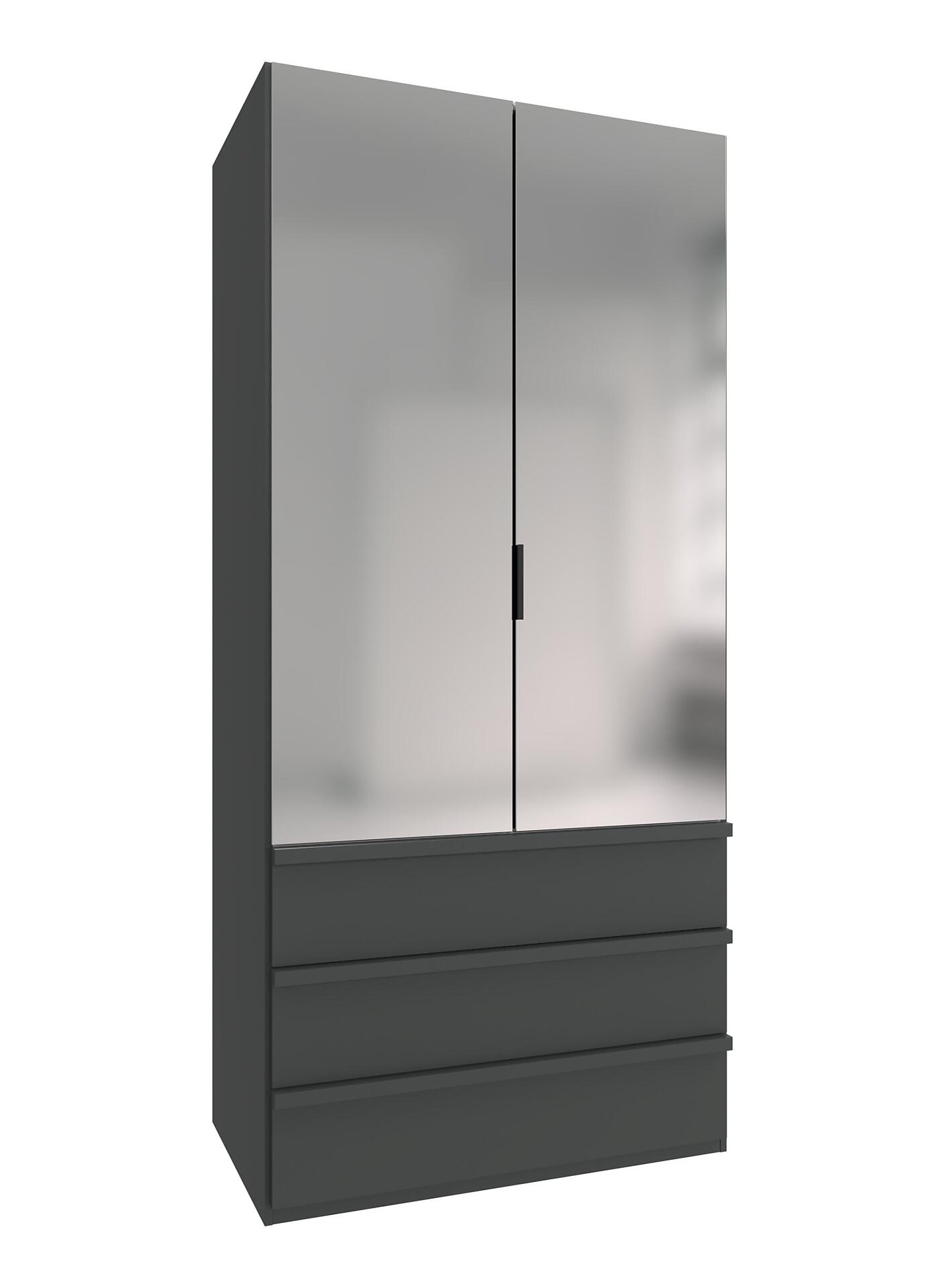Falttürenschrank Oxford in Saharagrau mit zwei Spiegeln, drei Schubladen und horizontalem Zierstreifen, aus Frontalperspektive.