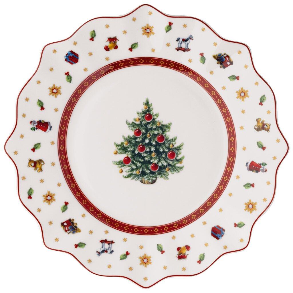 Tellerplatte Toy's Delight mit rundem Design, gewelltem Rand, roter Akzentfarbe und festlichem Weihnachtsbaum-Dekor.
