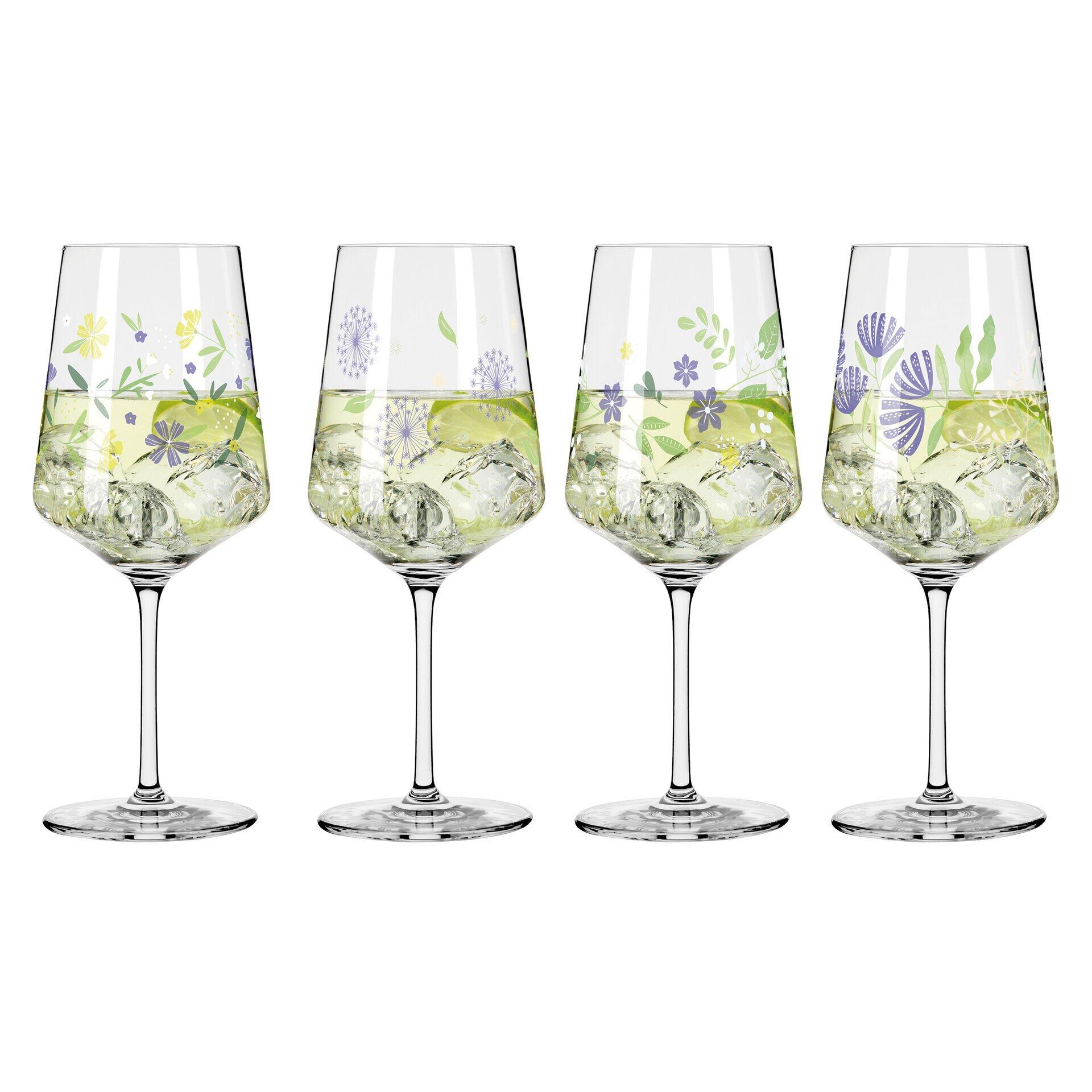 Aperitifglas-Set mit floralem Dekor in Geschenkbox, die vier Gläser zeigen, wie sie auf einem Sockel leicht versetzt angeordnet sind.