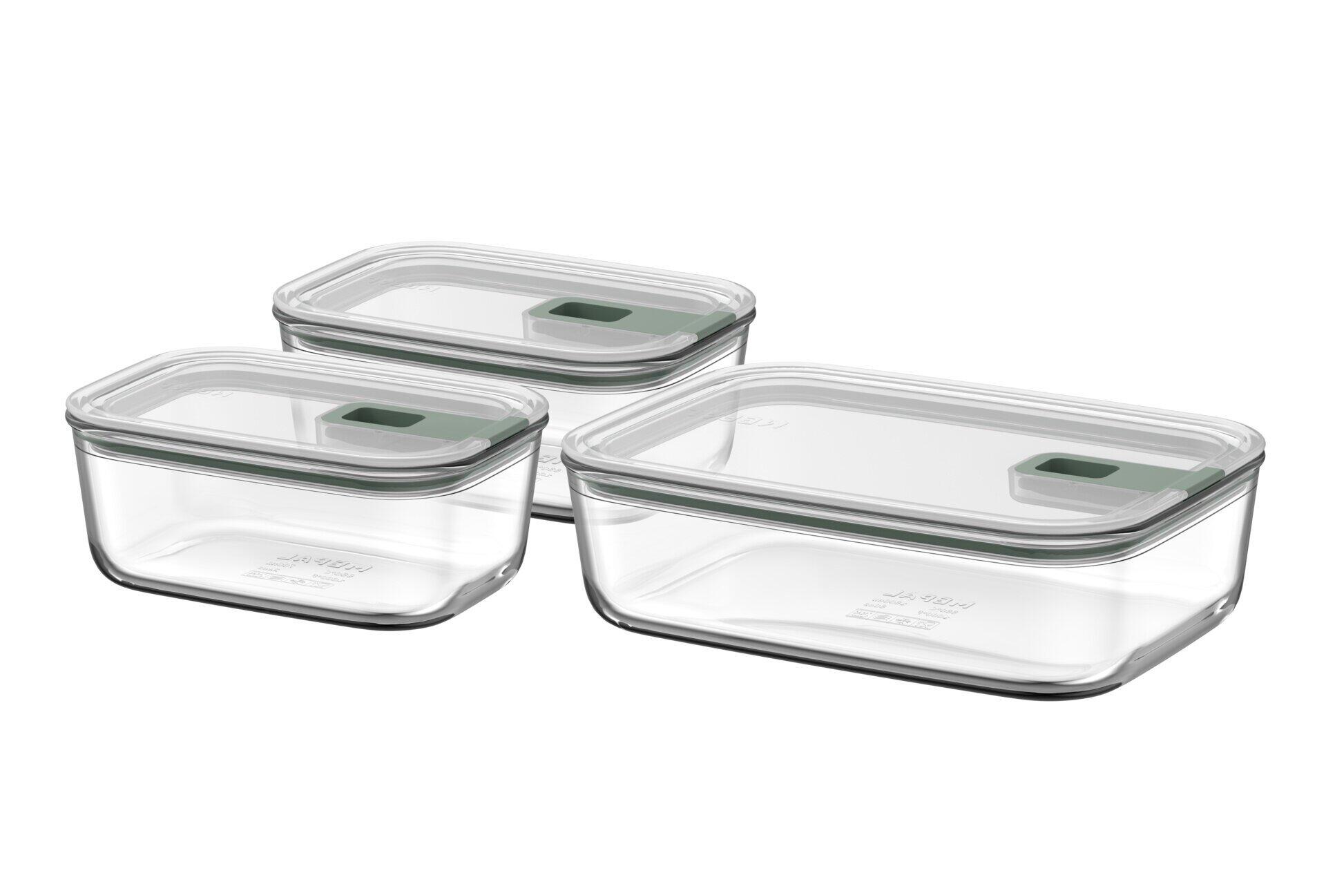 Frischhaltedosen-Set Easyclip: Drei stapelbare, transparente Frischhaltedosen mit grünem Deckel in verschiedenen Größen, die schräg übereinander gestapelt sind.