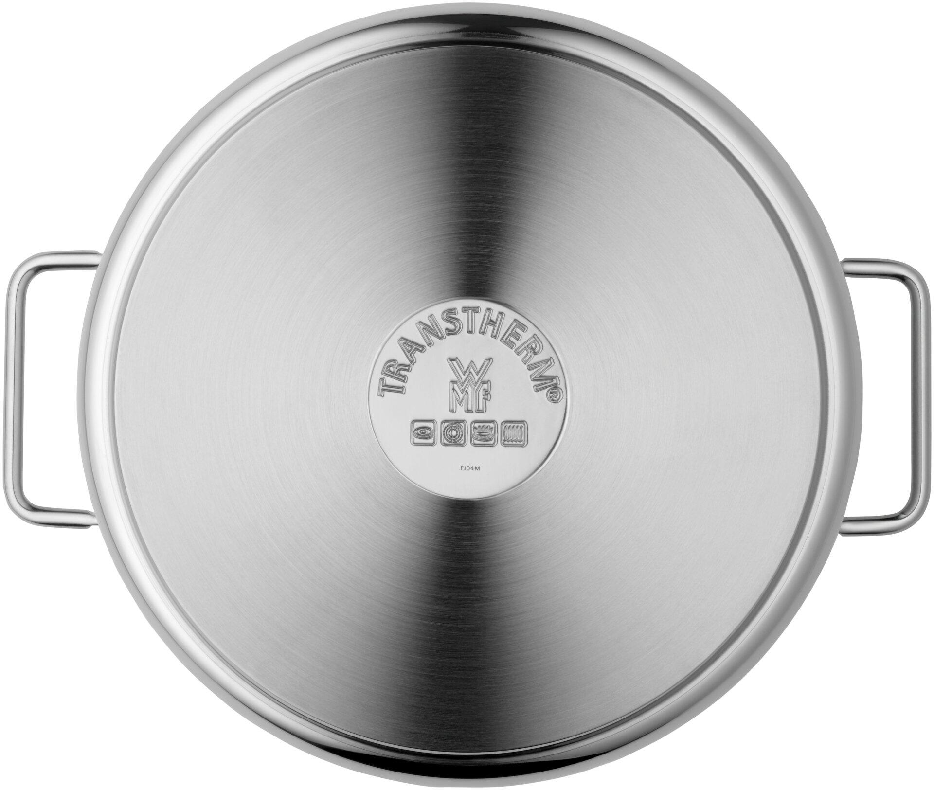 WMF Nudeltopf, Edelstahl, Unteransicht mit eingeprägtem TRANS THERM Logo und Tragegriffen.