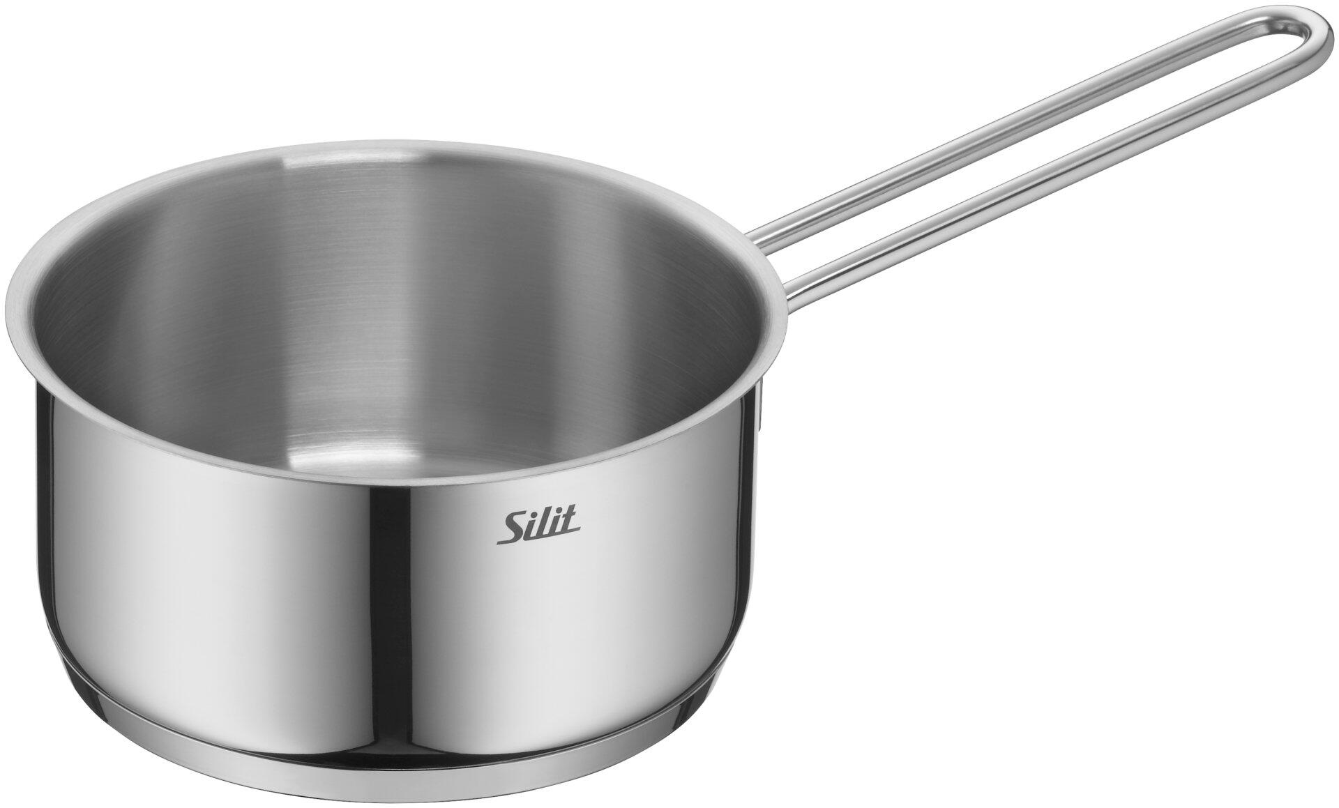 Edelstahl-Kochtopf aus dem Silit Alicante Topf-Set mit gebogenem Edelstahl-Henkel und glattem Innenraum.
