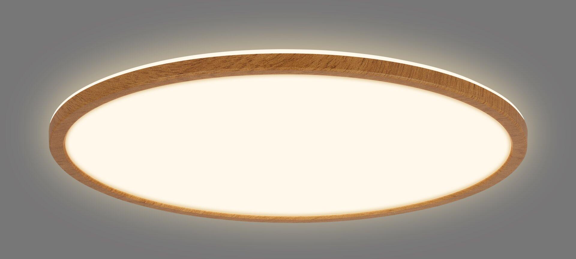 Panel Tava Wood Deckenleuchte mit Holzrahmen und gleichmäßig leuchtendem Kreis.