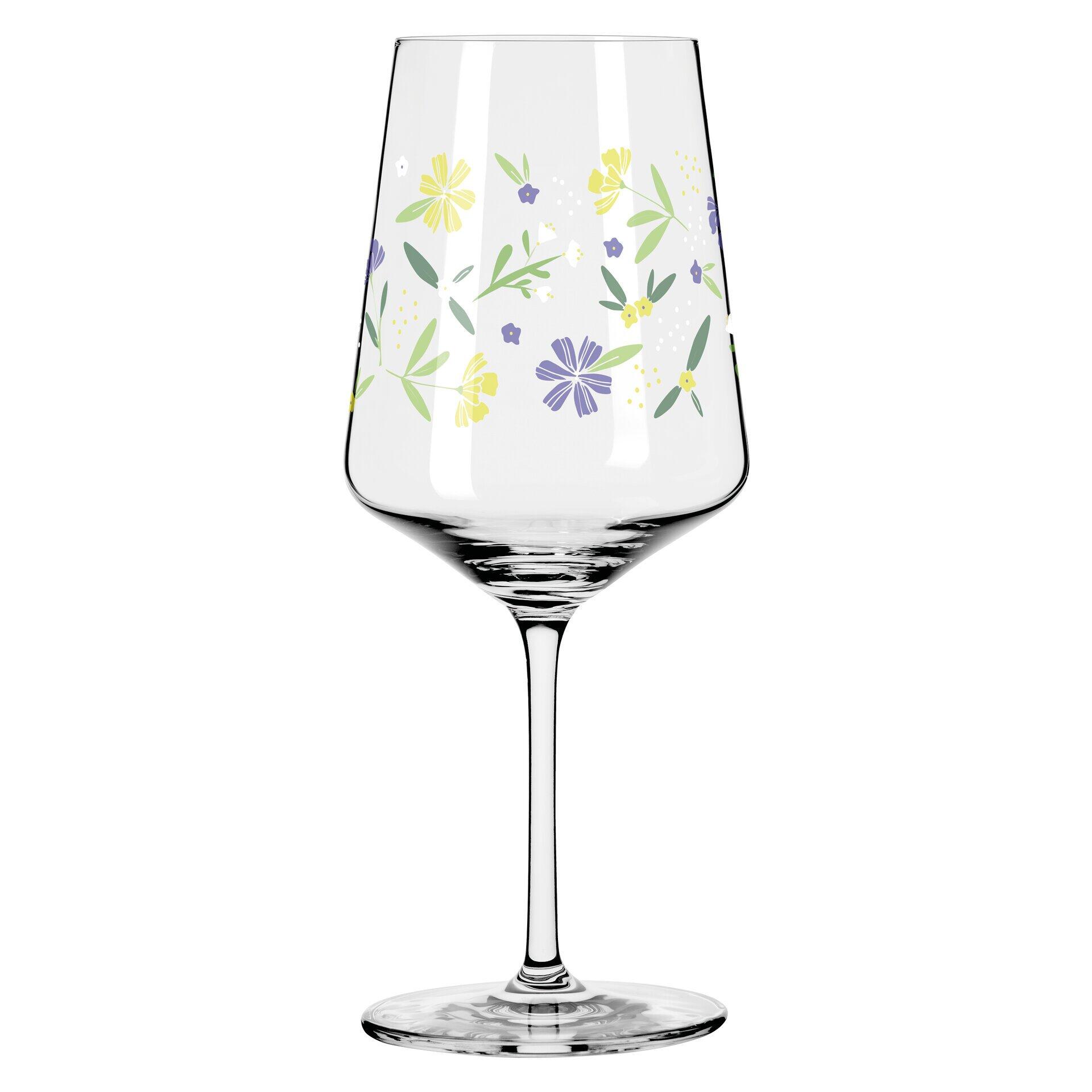 Elegantes Aperitifglas aus transparentem Glas mit floralem Dekor aus gelben und lila Blüten und grünen Stielen, dargestellt in einer Frontalperspektive.