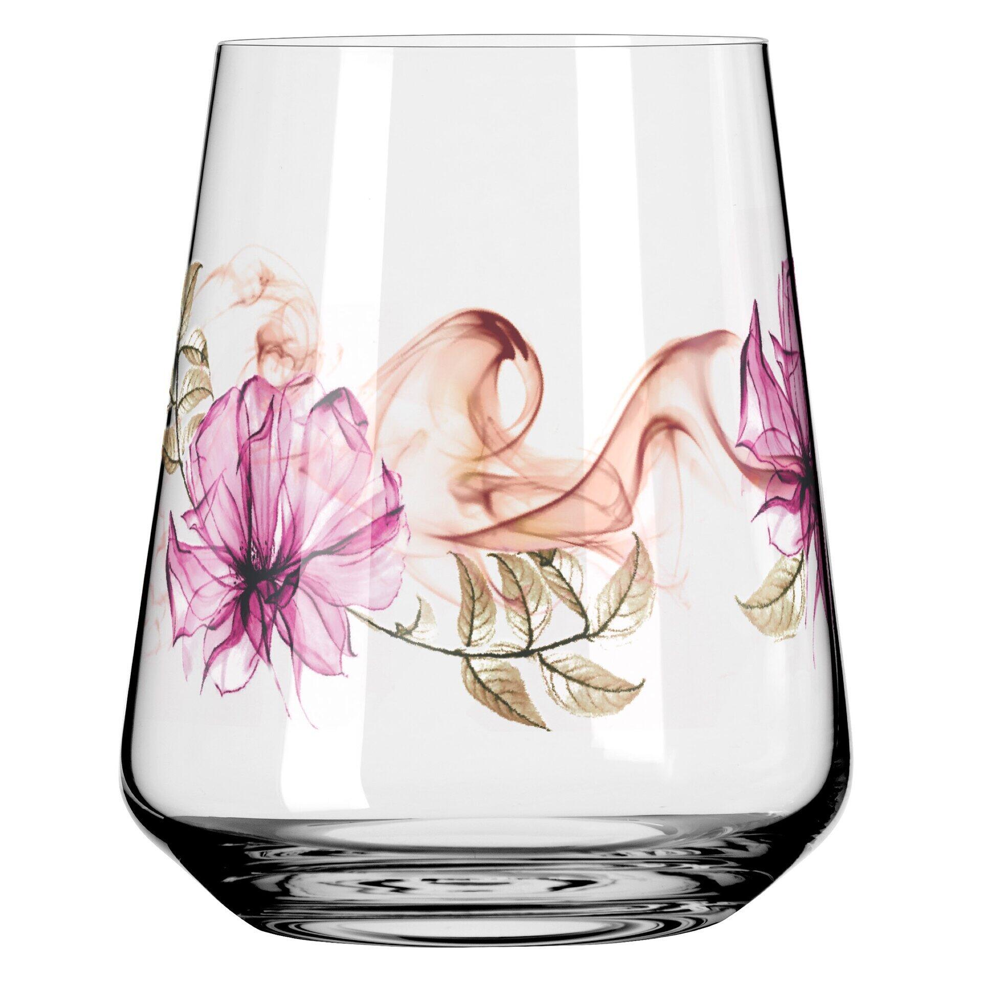 Elegant geformtes Glas aus dem Universalglas-Set, dargestellt in Frontalansicht mit floralem Design und Nebelmotiv.