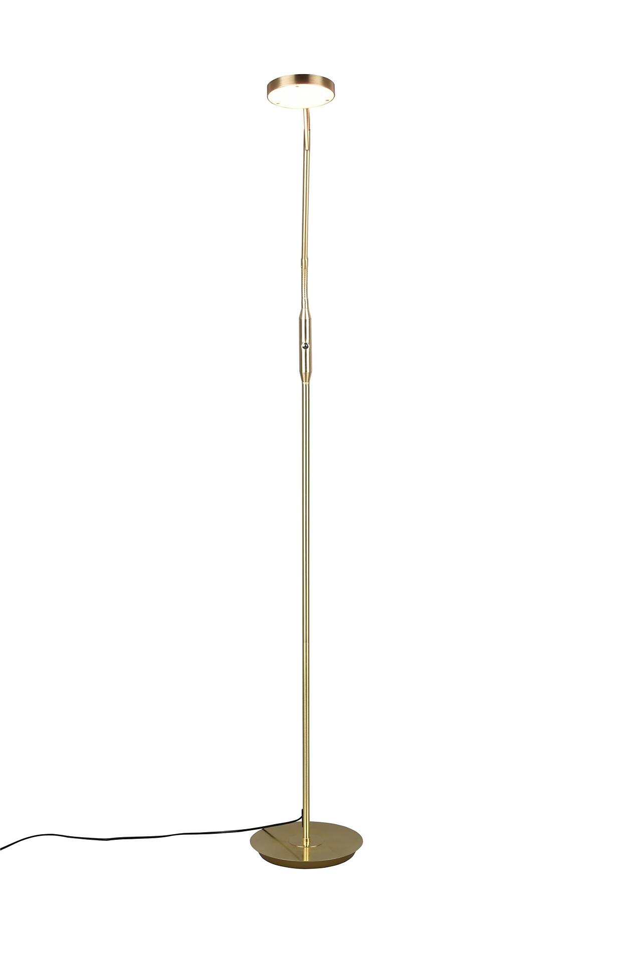 Stehleuchte Monza mit goldenem Fuß, gebogenem Stiel und runder Schirm, aus Frontperspektive aufgenommen und mit einem Bedienknopf zur Steuerung der einstellbaren Lichtfarbe.