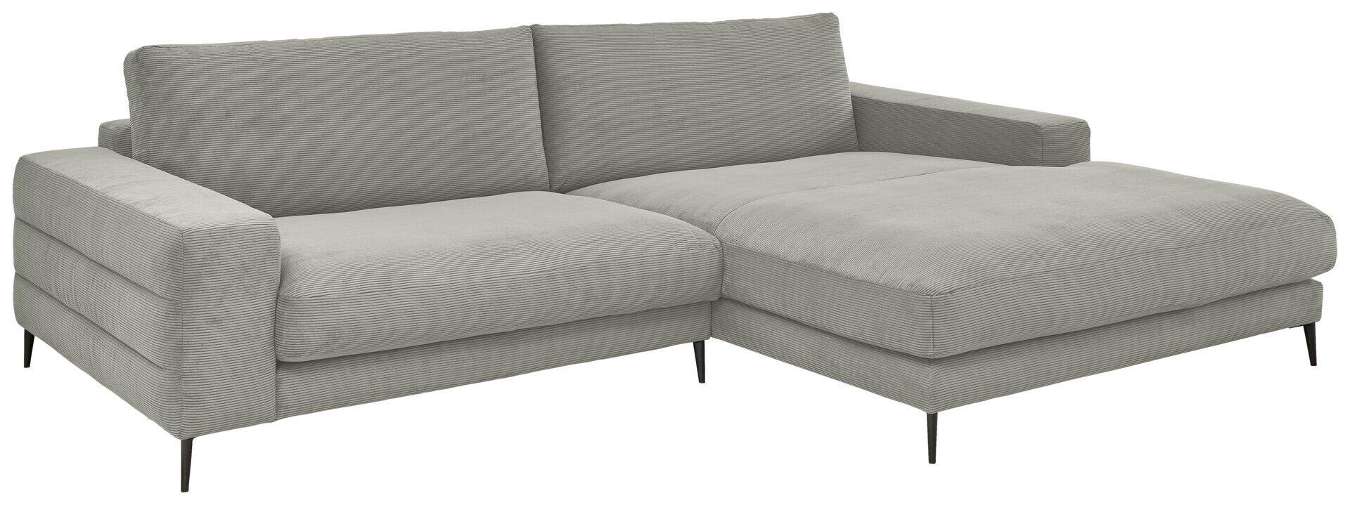 Graues Ecksofa Badia Base 2.0 mit Longchair, sichtbar aus erhöhter Perspektive, zeigt die schräg angeordnete Liegefläche und die schlanken, schwarzen Metallfüße.