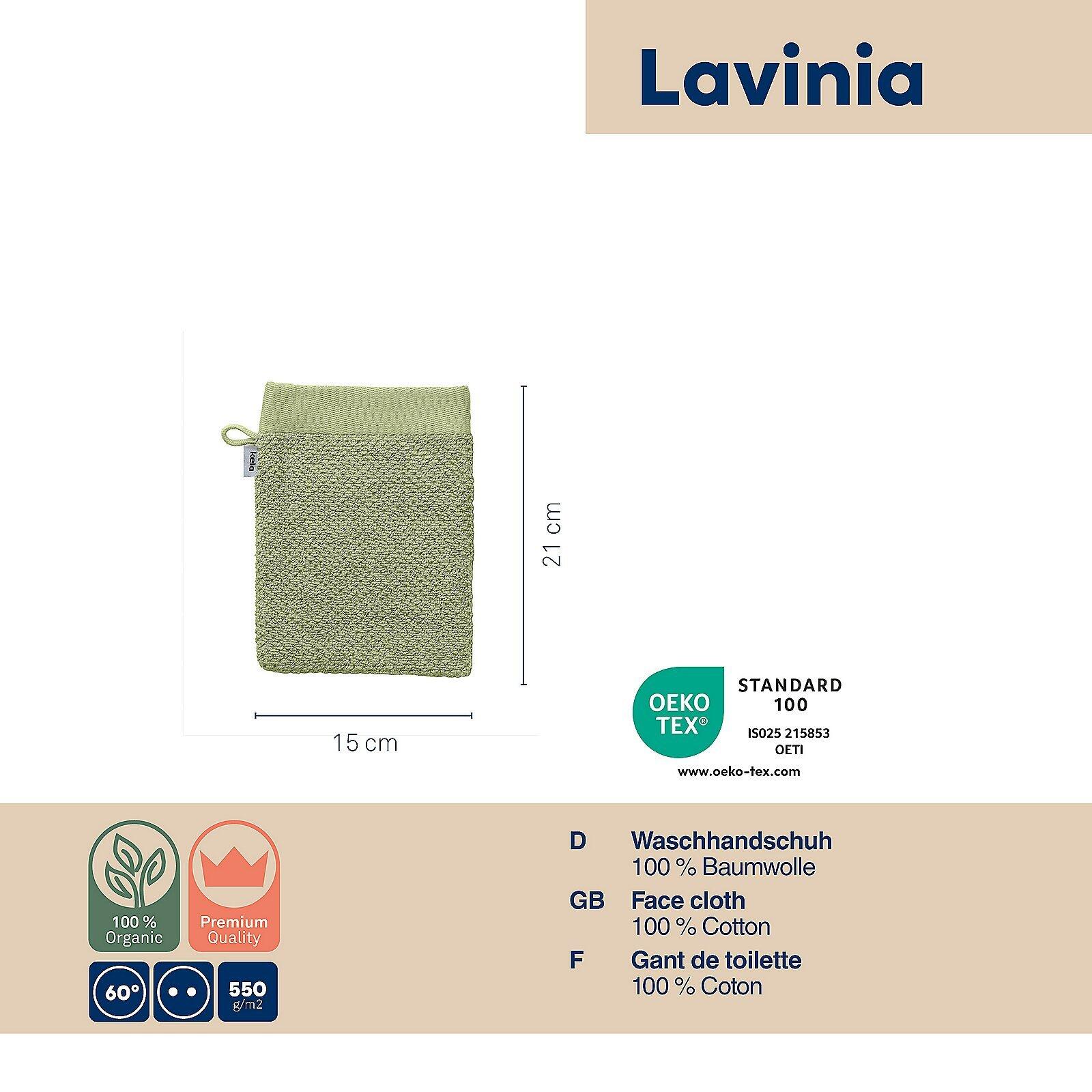 Gefalteter Waschlappen Lavinia aus hellgrünem Stoff mit den Maßen 15 cm Breite und 21 cm Länge, sowie Details zu den Materialien und Zertifizierungen.