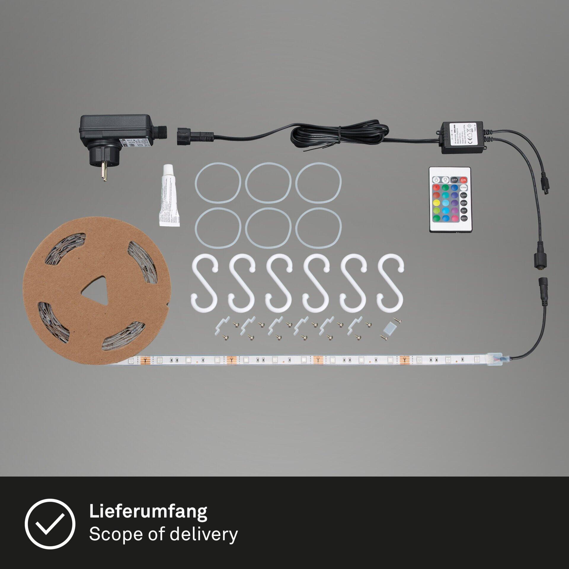 LED Band Superline BRILO in einer Rolle mit Netzteil, Controller zur Modi-Auswahl und Befestigungselementen auf weißem Untergrund.